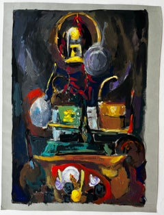 Still Life with Lamp Cups and Flowers French Modernist Gouache