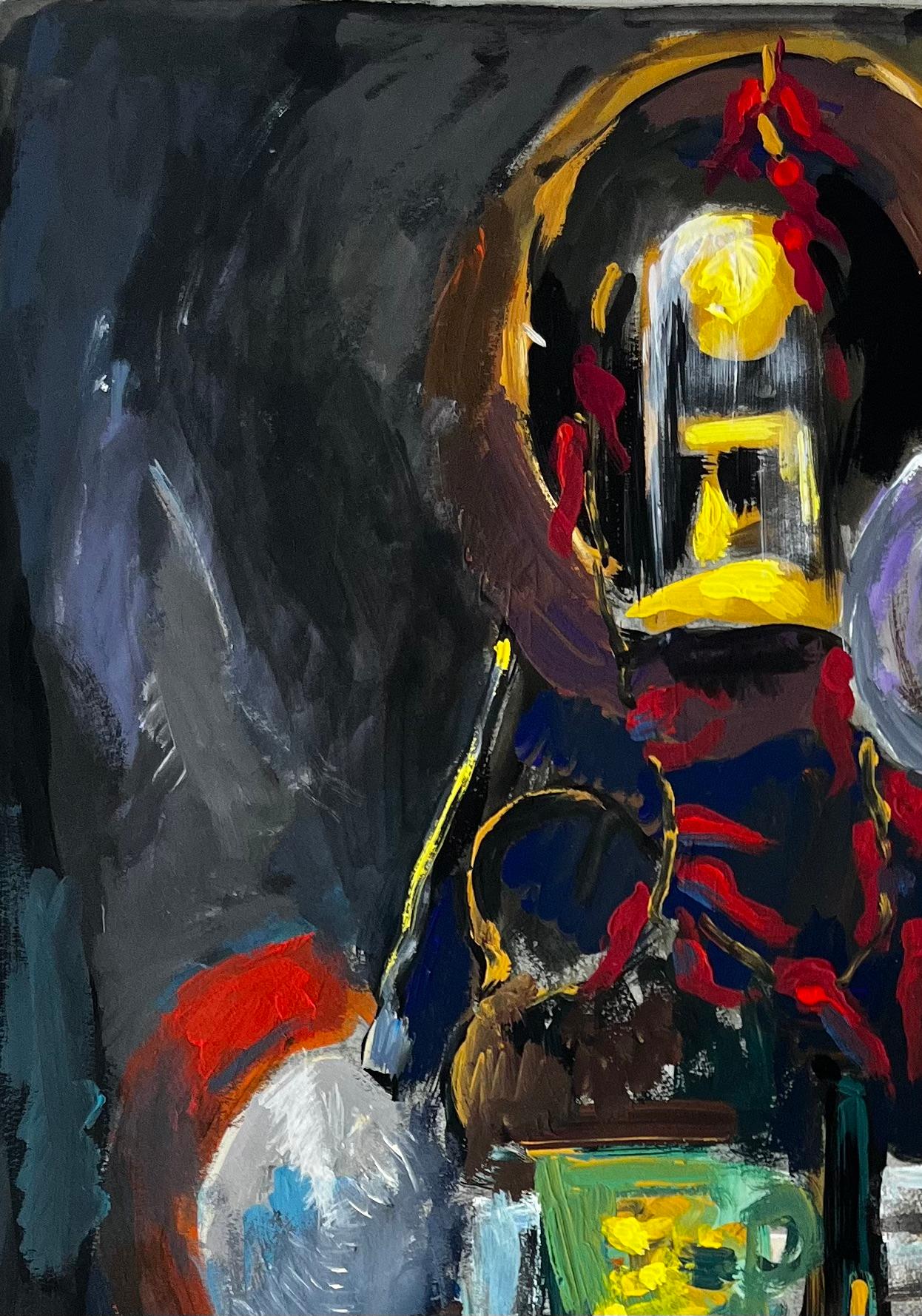 Nature morte aux lampadaires et aux fleurs Gouache moderniste française - Moderne Painting par Guy Nicod