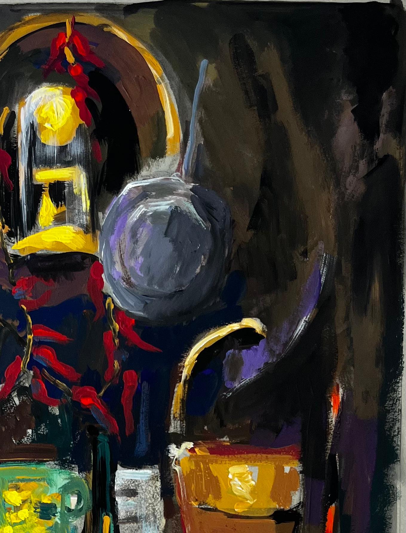 Nature morte aux lampadaires et aux fleurs Gouache moderniste française - Noir Abstract Painting par Guy Nicod