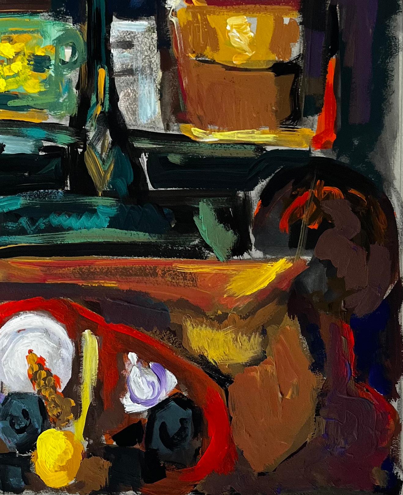 Titre : Nature morte à la lampe et aux fleurs Gouache moderniste française
Guy Nicod (français 1923 - 2021) 
Gouache sur papier d'artiste, non encadrée
Taille : 23.25 x 17.5 pouces (hauteur x largeur)
Provenance : Succession d'Artistics,