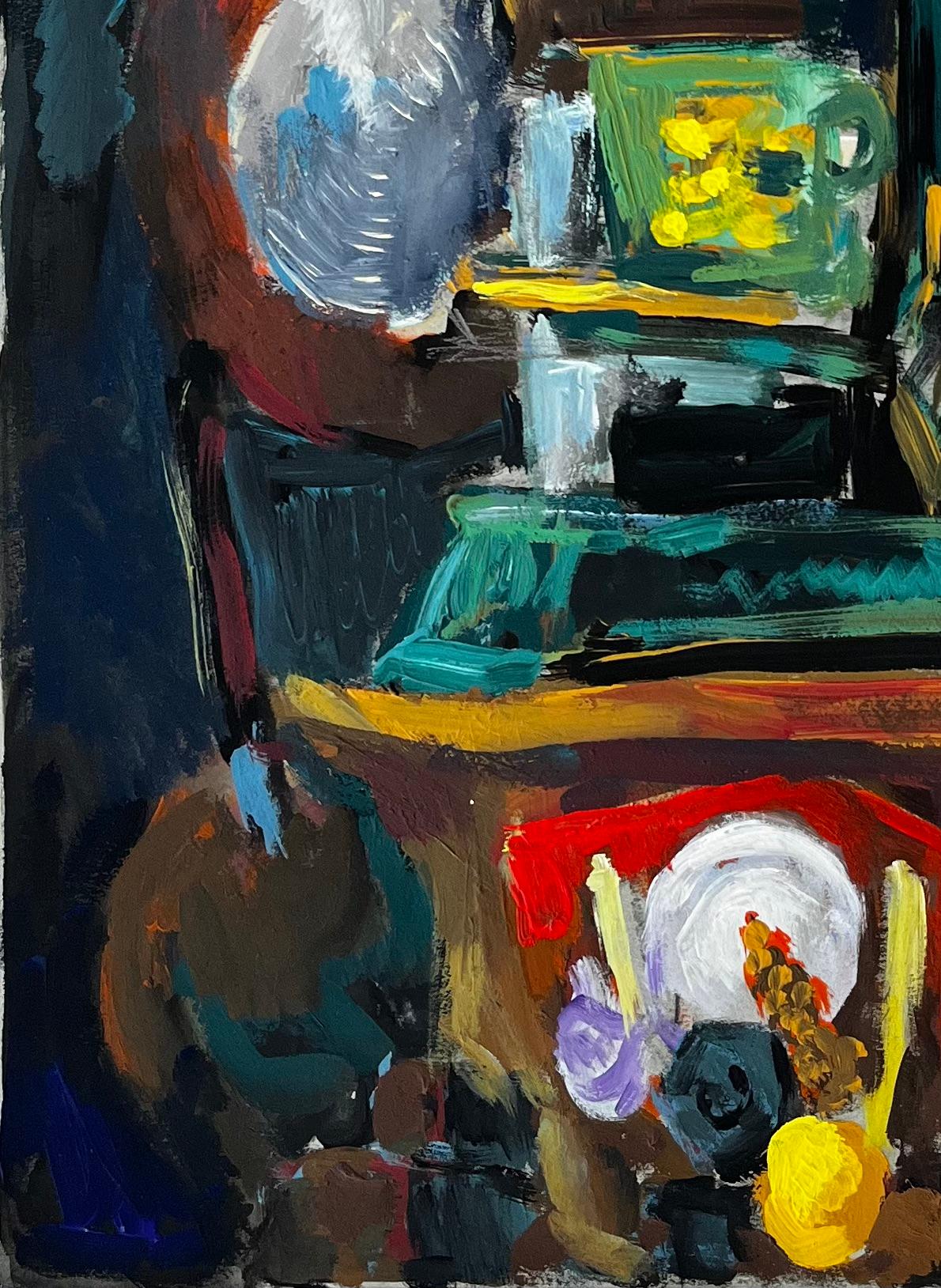 Nature morte aux lampadaires et aux fleurs Gouache moderniste française en vente 1