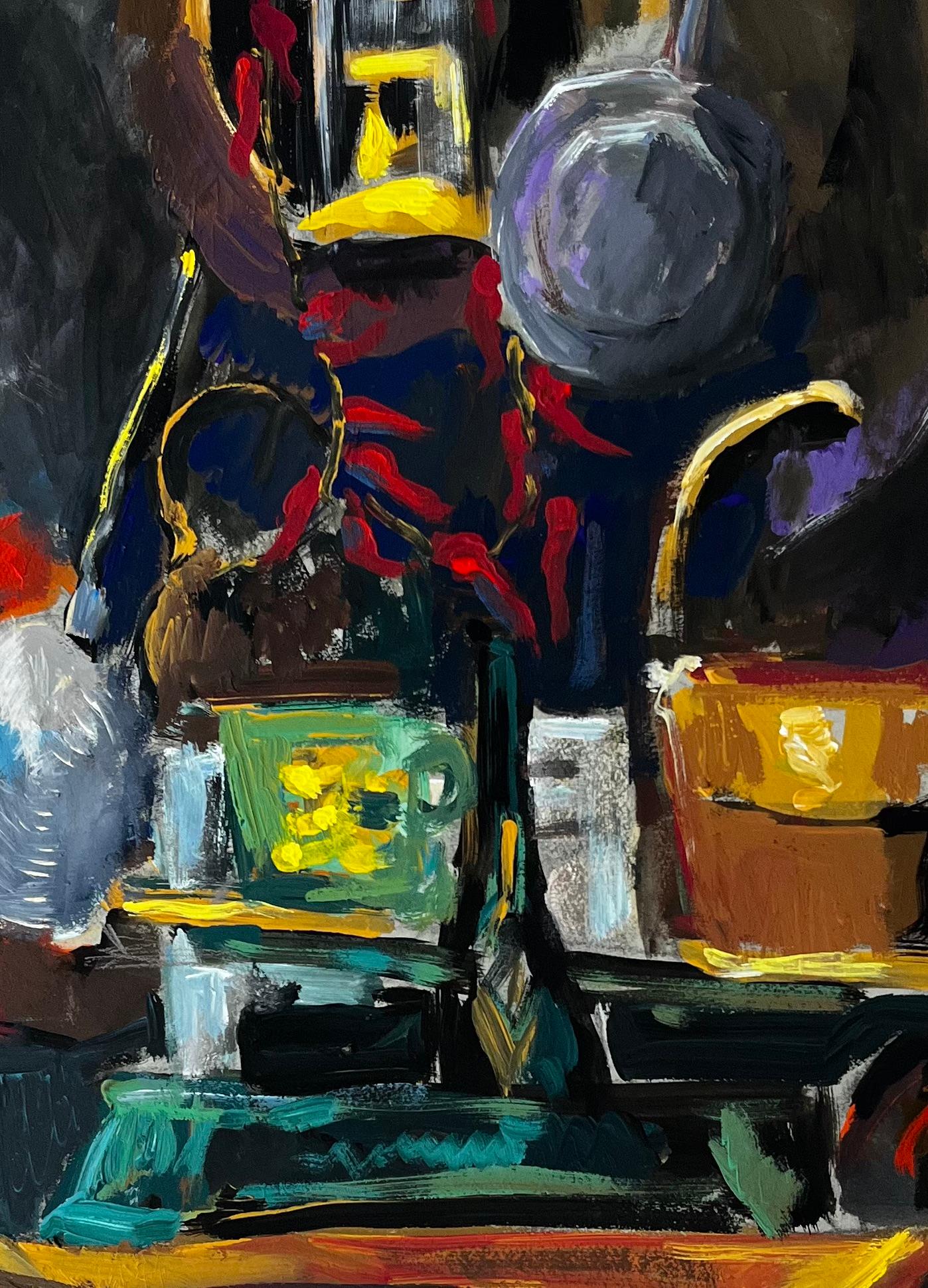 Nature morte aux lampadaires et aux fleurs Gouache moderniste française en vente 2