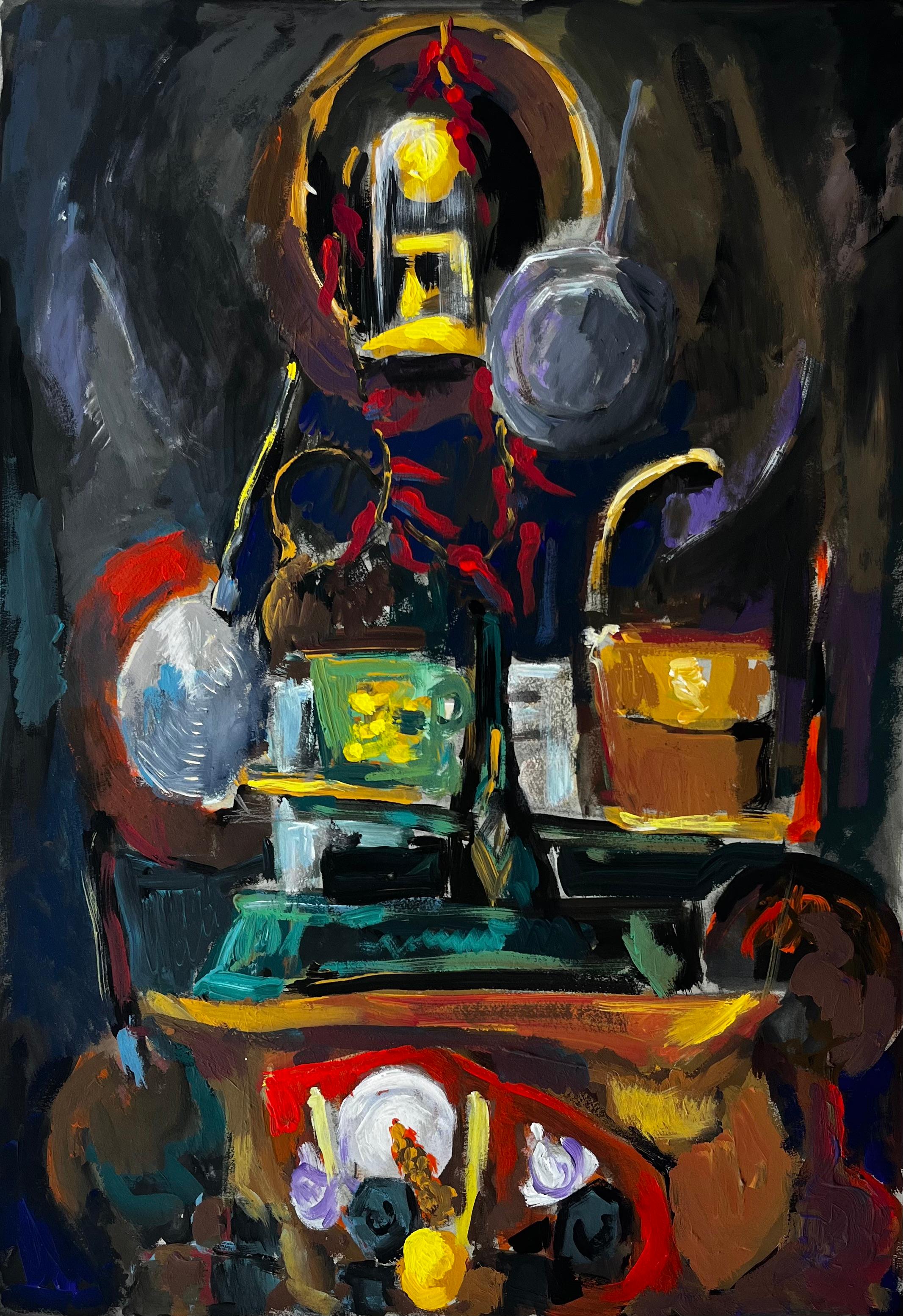 Nature morte aux lampadaires et aux fleurs Gouache moderniste française