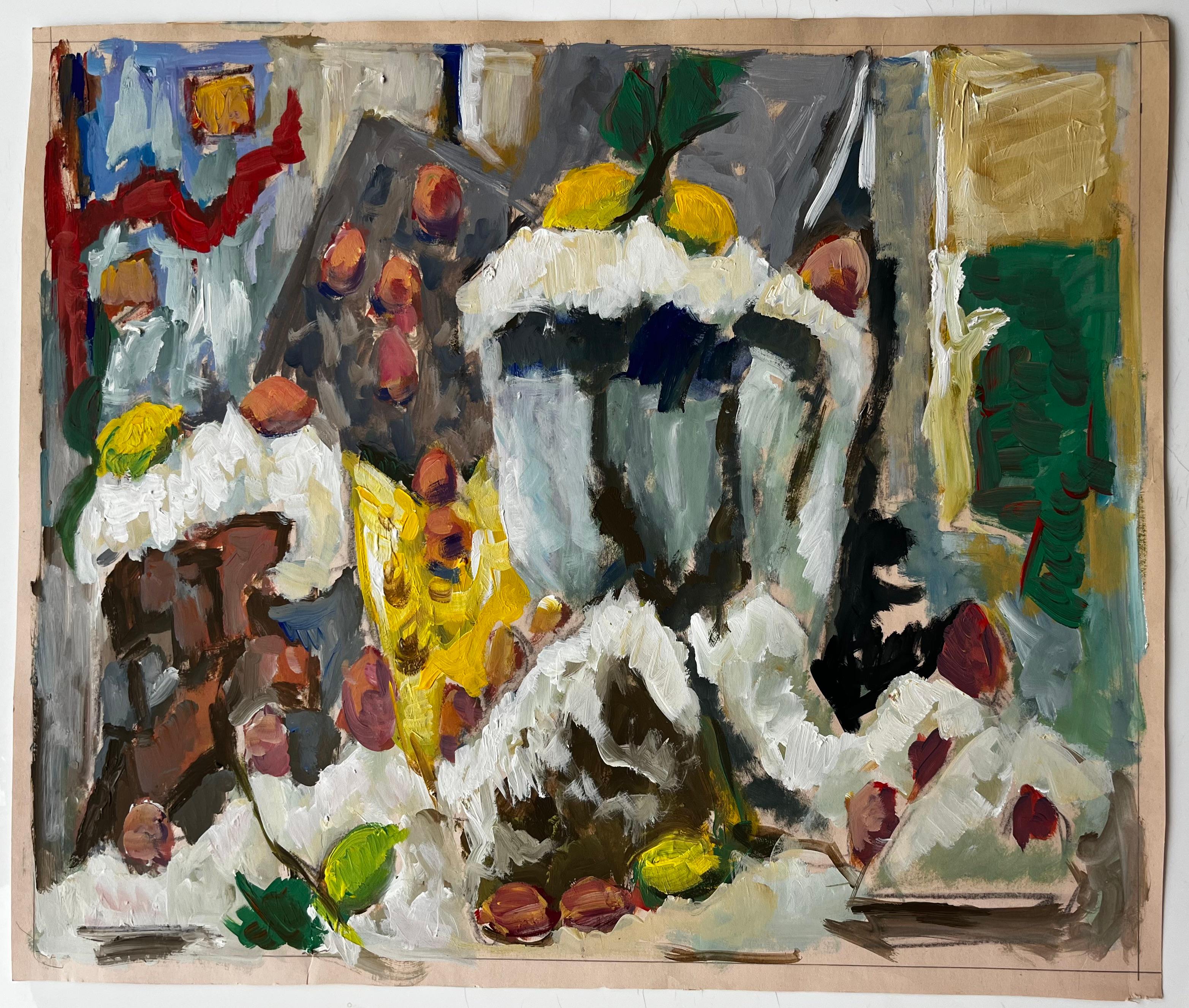 Stilleben mit Zitronen, Kastanien und gelbem Krug Gouache der französischen Moderne – Painting von Guy Nicod