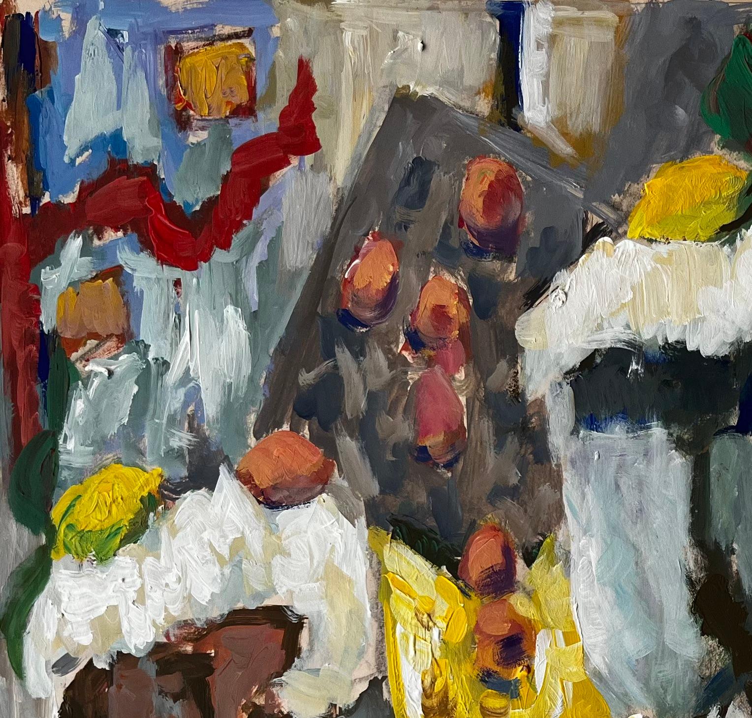 Stilleben mit Zitronen, Kastanien und gelbem Krug Gouache der französischen Moderne (Grau), Abstract Painting, von Guy Nicod