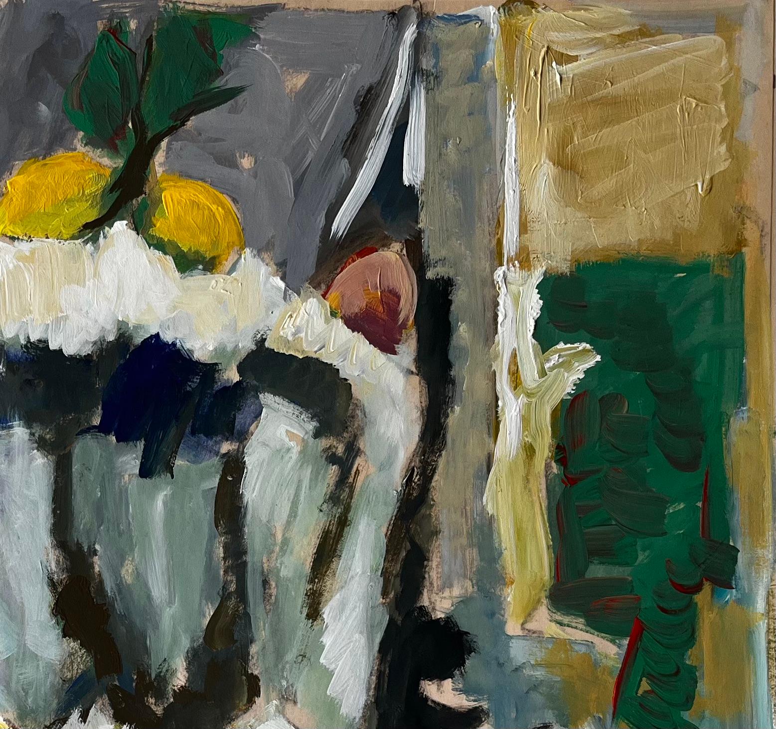 Titel: Stilleben mit Zitronen, Kastanien und gelbem Krug Gouache der französischen Moderne
Guy Nicod (Französisch 1923 - 2021) 
Gouache auf Künstlerpapier, ungerahmt
Größe: 19,25 x 22,5 Zoll (Höhe x Breite)
Provenienz: Künstlernachlass,
