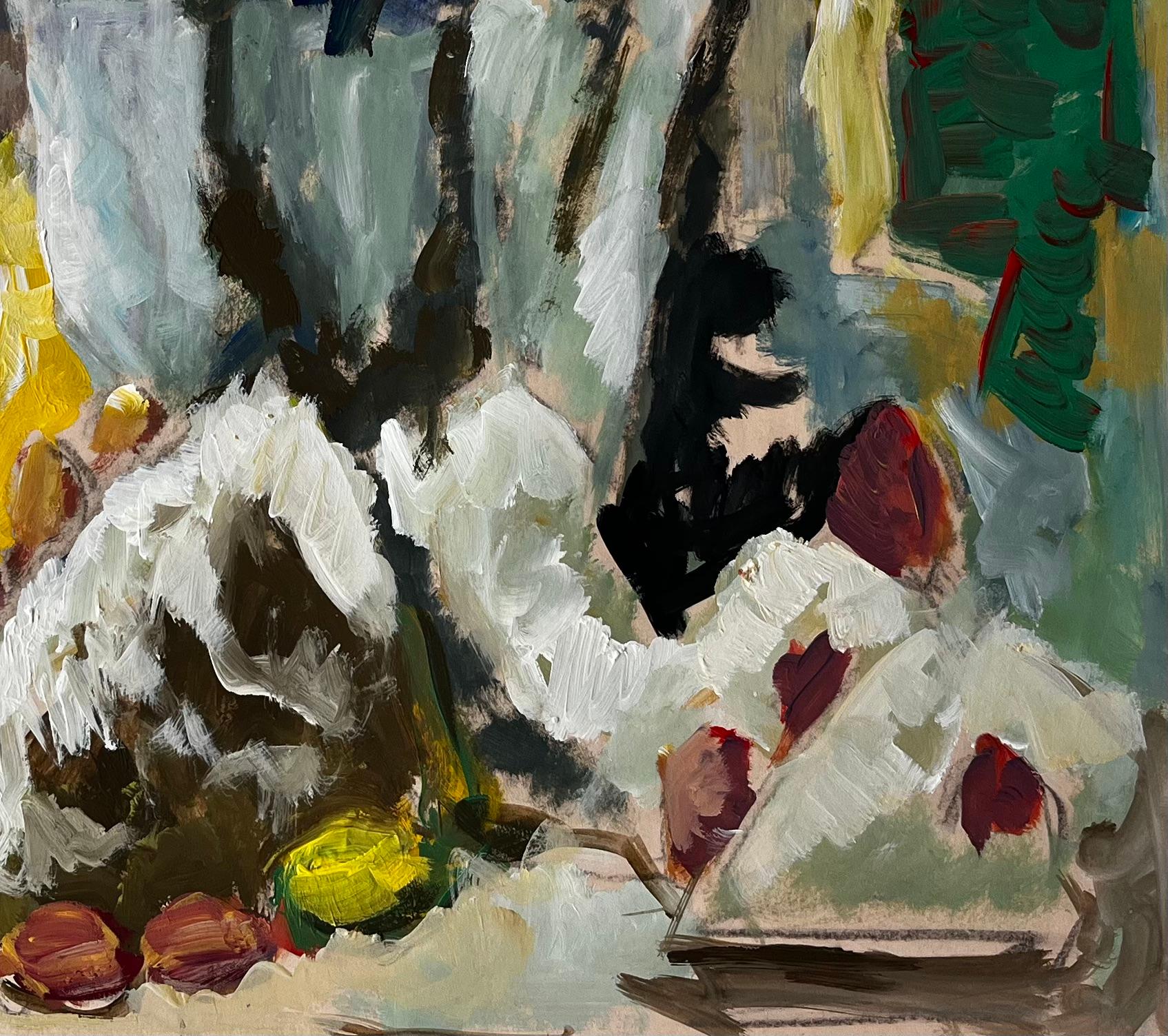 Stilleben mit Zitronen, Kastanien und gelbem Krug Gouache der französischen Moderne im Angebot 1