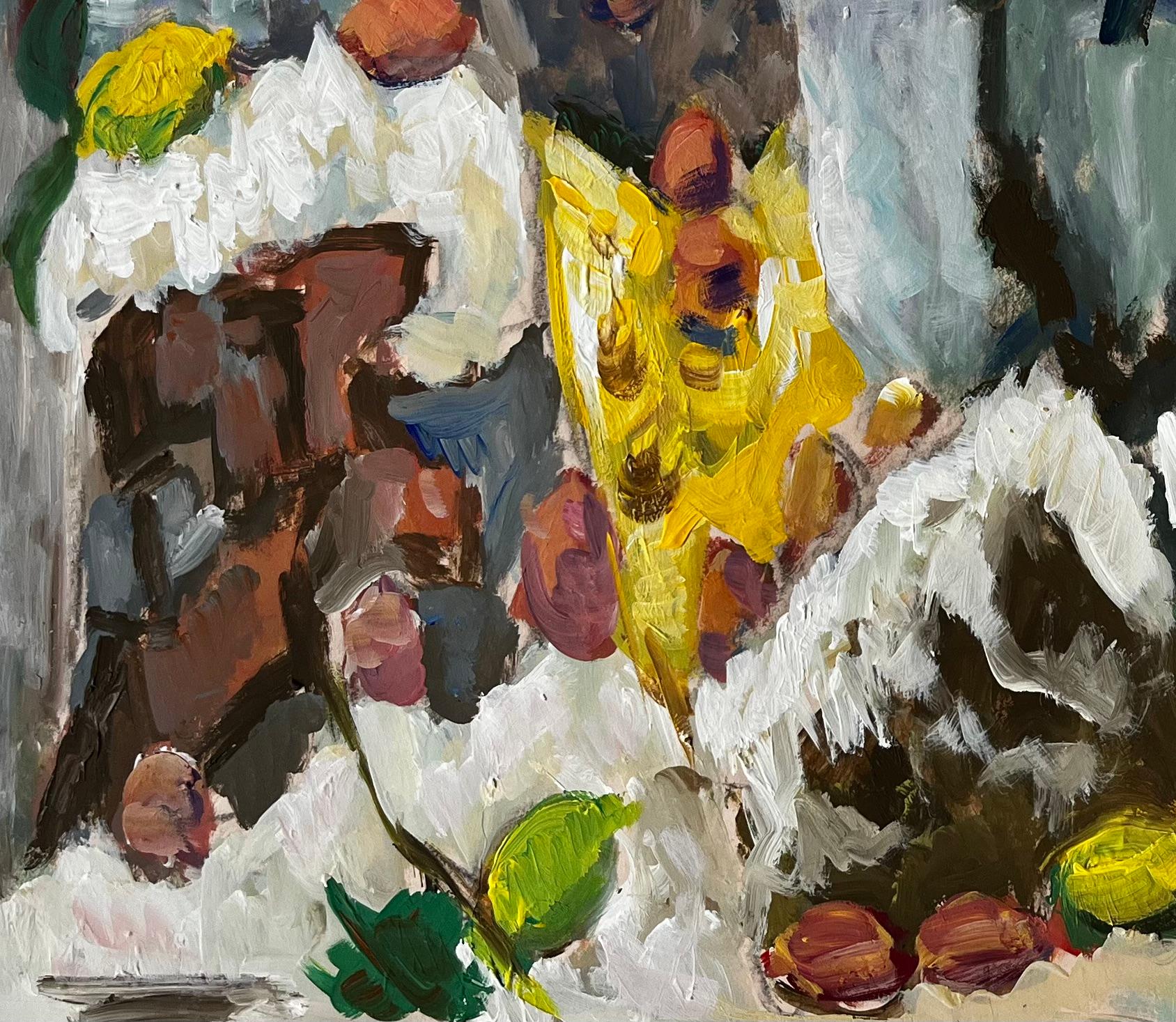 Stilleben mit Zitronen, Kastanien und gelbem Krug Gouache der französischen Moderne im Angebot 2