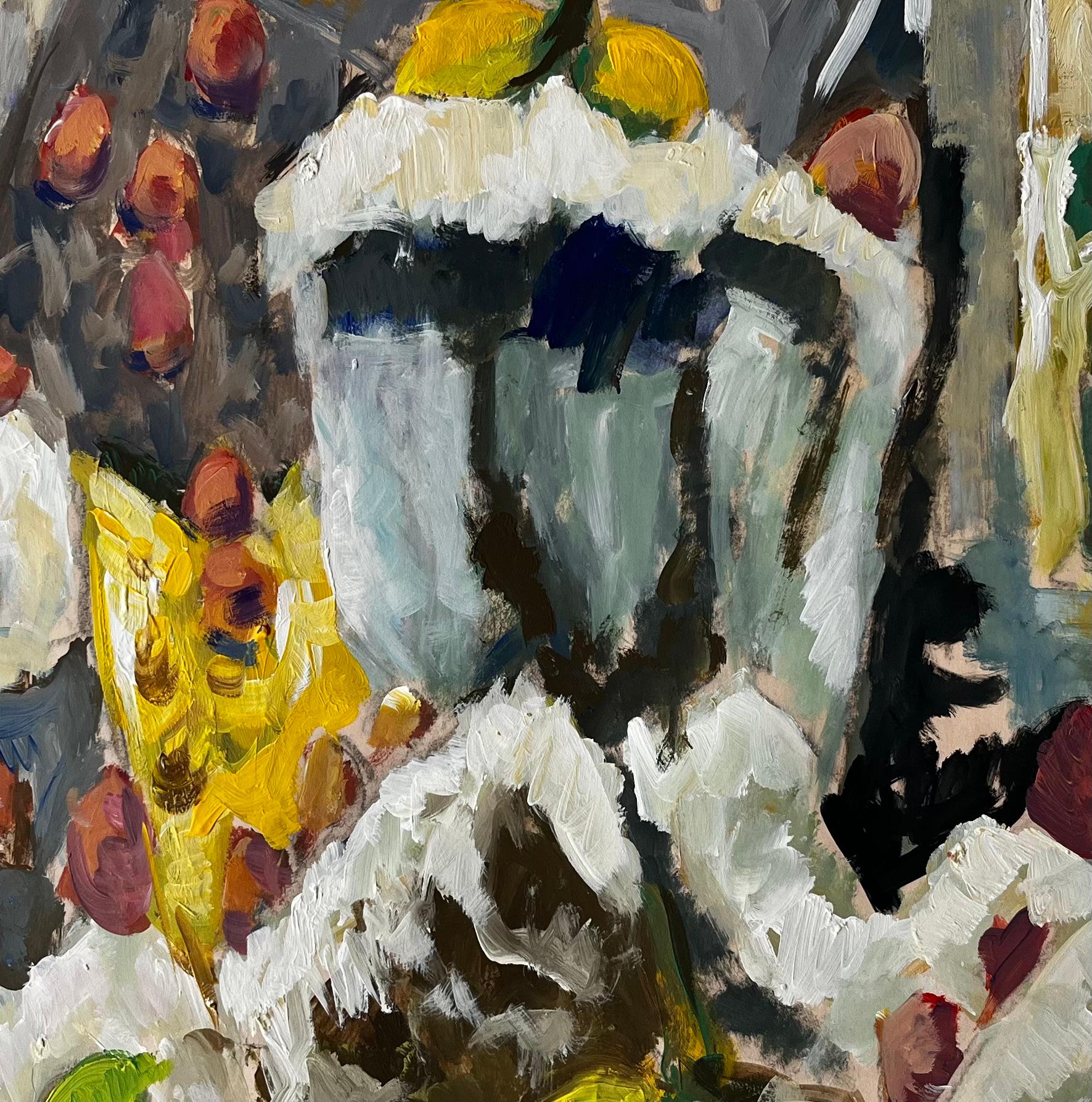 Stilleben mit Zitronen, Kastanien und gelbem Krug Gouache der französischen Moderne im Angebot 3