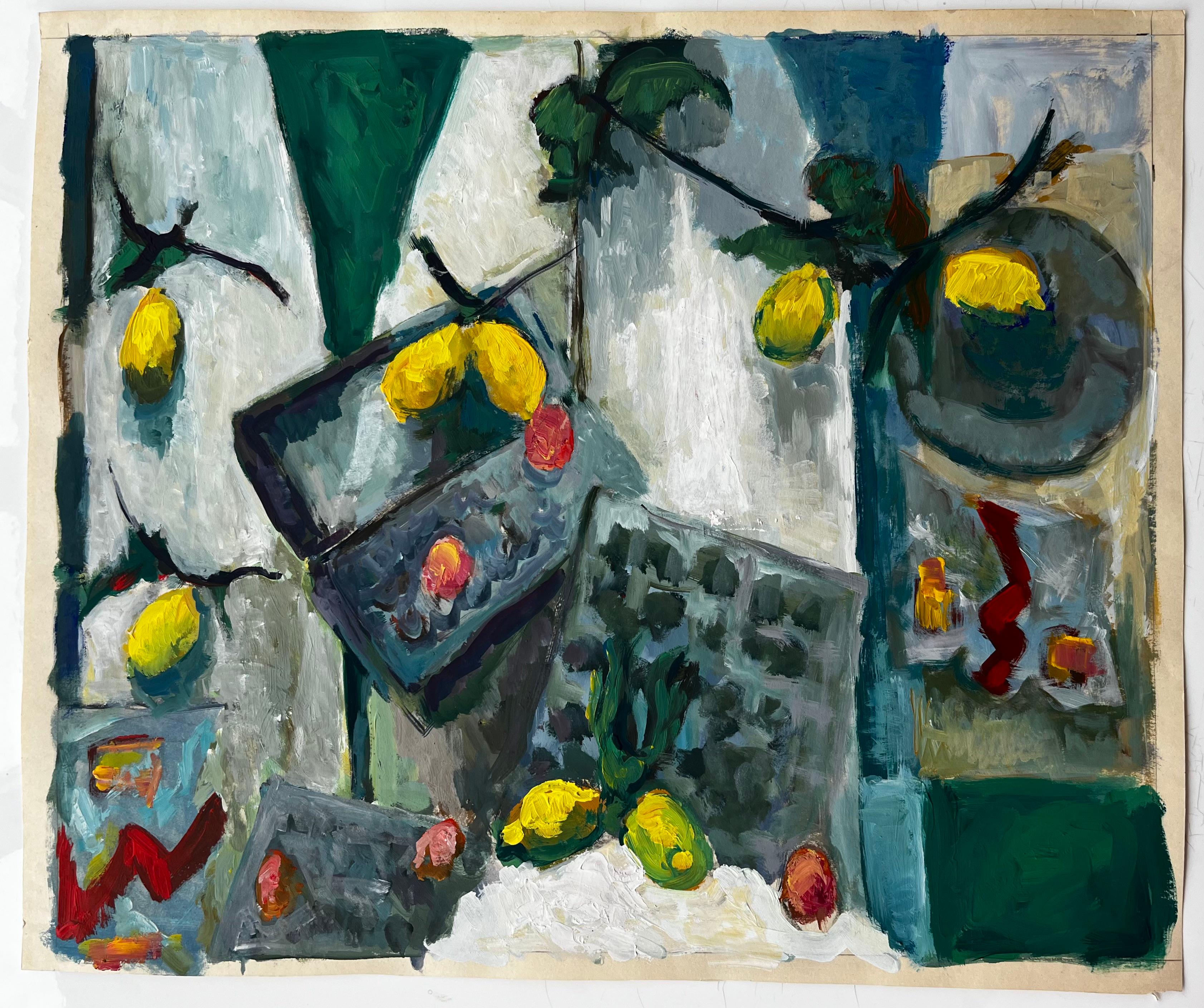 Natura morta con limoni, cassette di frutta e foglie verdi Gouache modernista francese - Painting di Guy Nicod