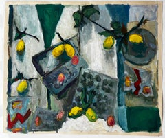 Stilleben mit Zitronen, Obstkisten und grünen Blättern Gouache der französischen Moderne