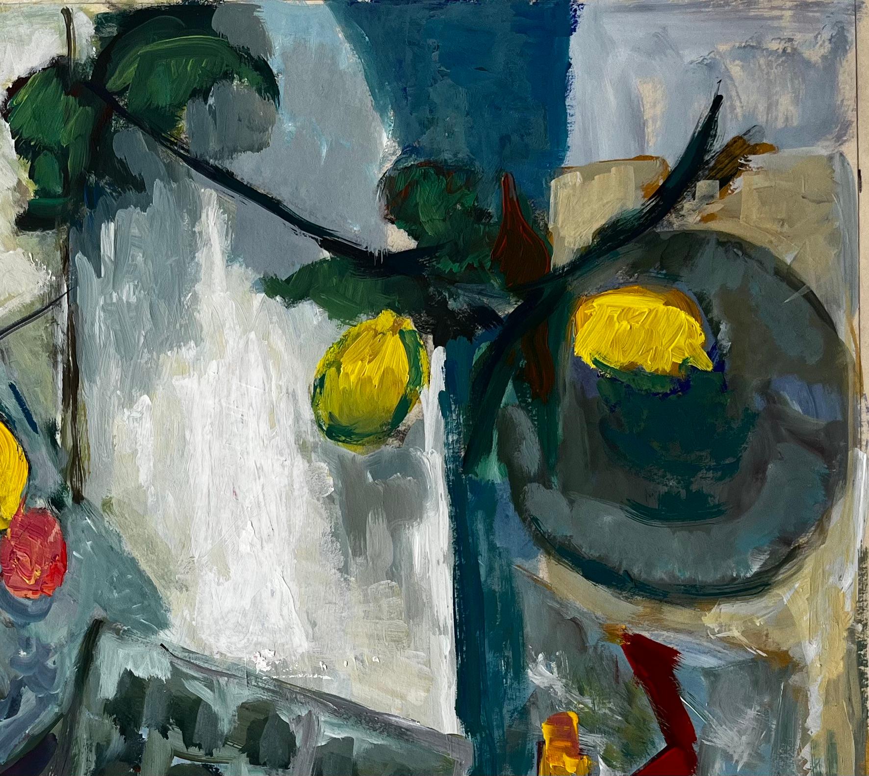 Natura morta con limoni, cassette di frutta e foglie verdi Gouache modernista francese - Abstract Painting Nero di Guy Nicod