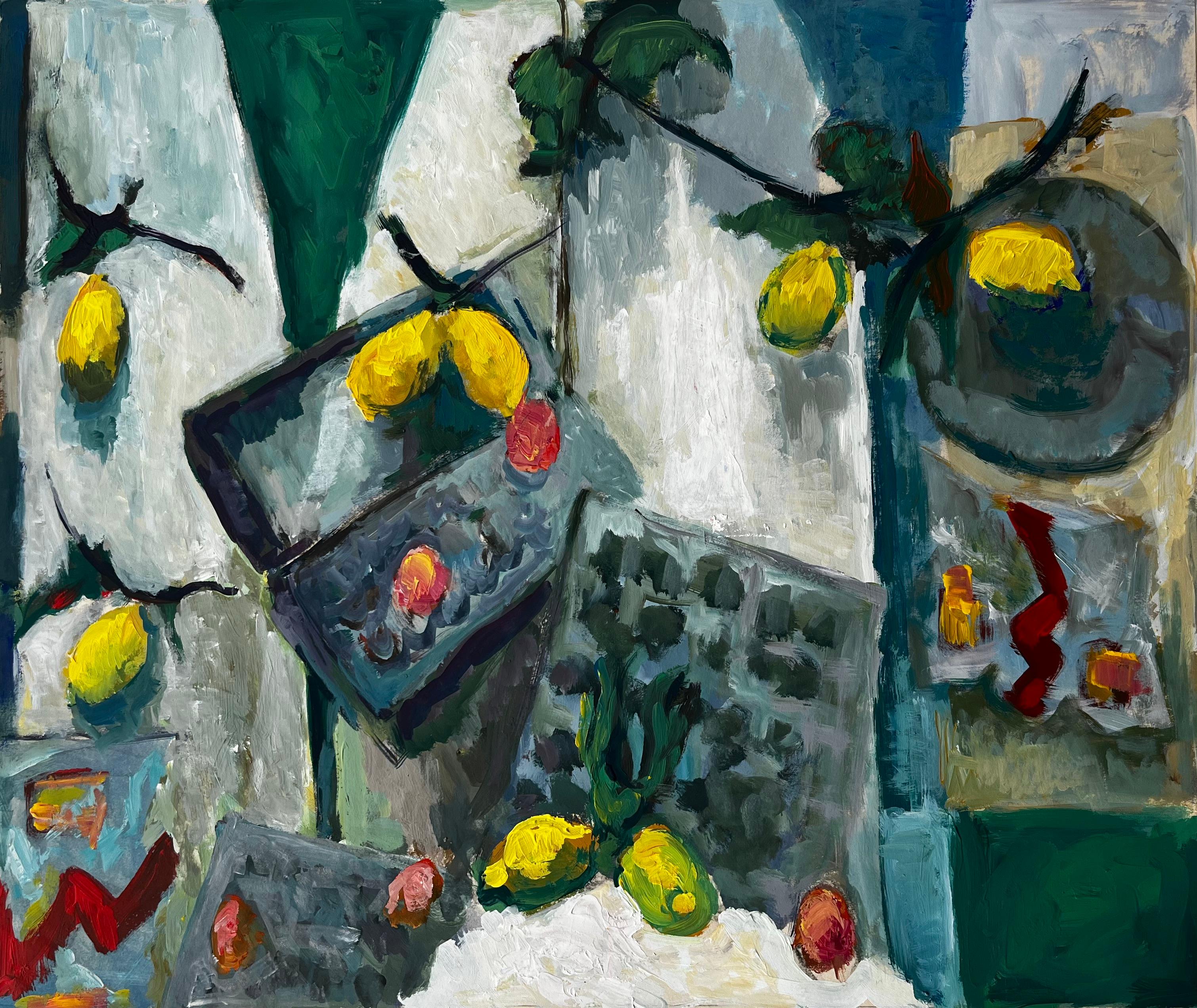 Abstract Painting di Guy Nicod - Natura morta con limoni, cassette di frutta e foglie verdi Gouache modernista francese