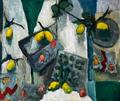 Still Life with Lemons Fruit Boxes and Green Leaves French Modernist Gouache