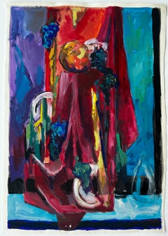 Nature morte avec fruits en draperie rouge et fond bleu Gouache moderniste française
