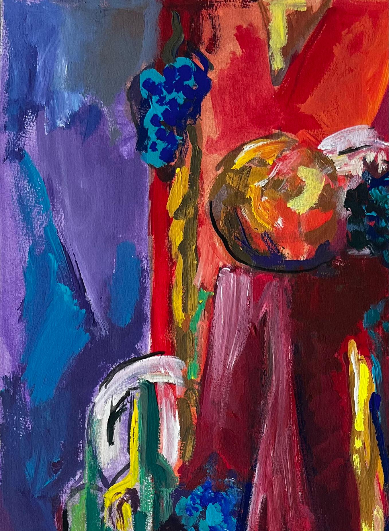 Still Life with Red Drapery Fruit and Blue Background French Modernist Gouache - Black Still-Life Painting by Guy Nicod