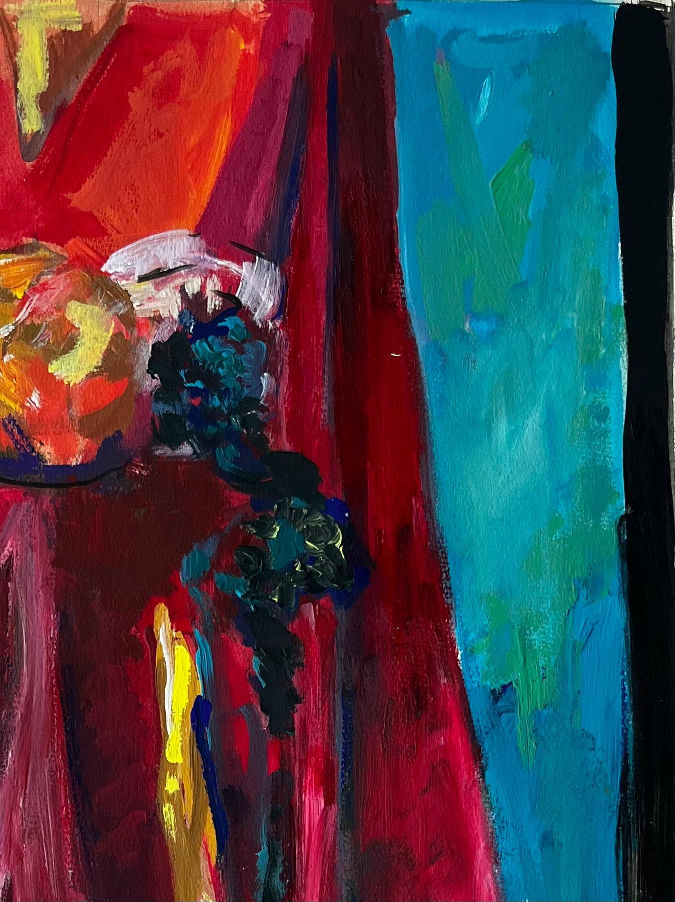 Title: Still Life with Red Drapery Fruit and Blue Background French Modernist Gouache
Guy Nicod (French 1923 - 2021) 
Gouache on artist paper, unframed
Size: 22.5 x 15.75 inches (height x width)
Provenance: Artists estate, France
Condition: Good