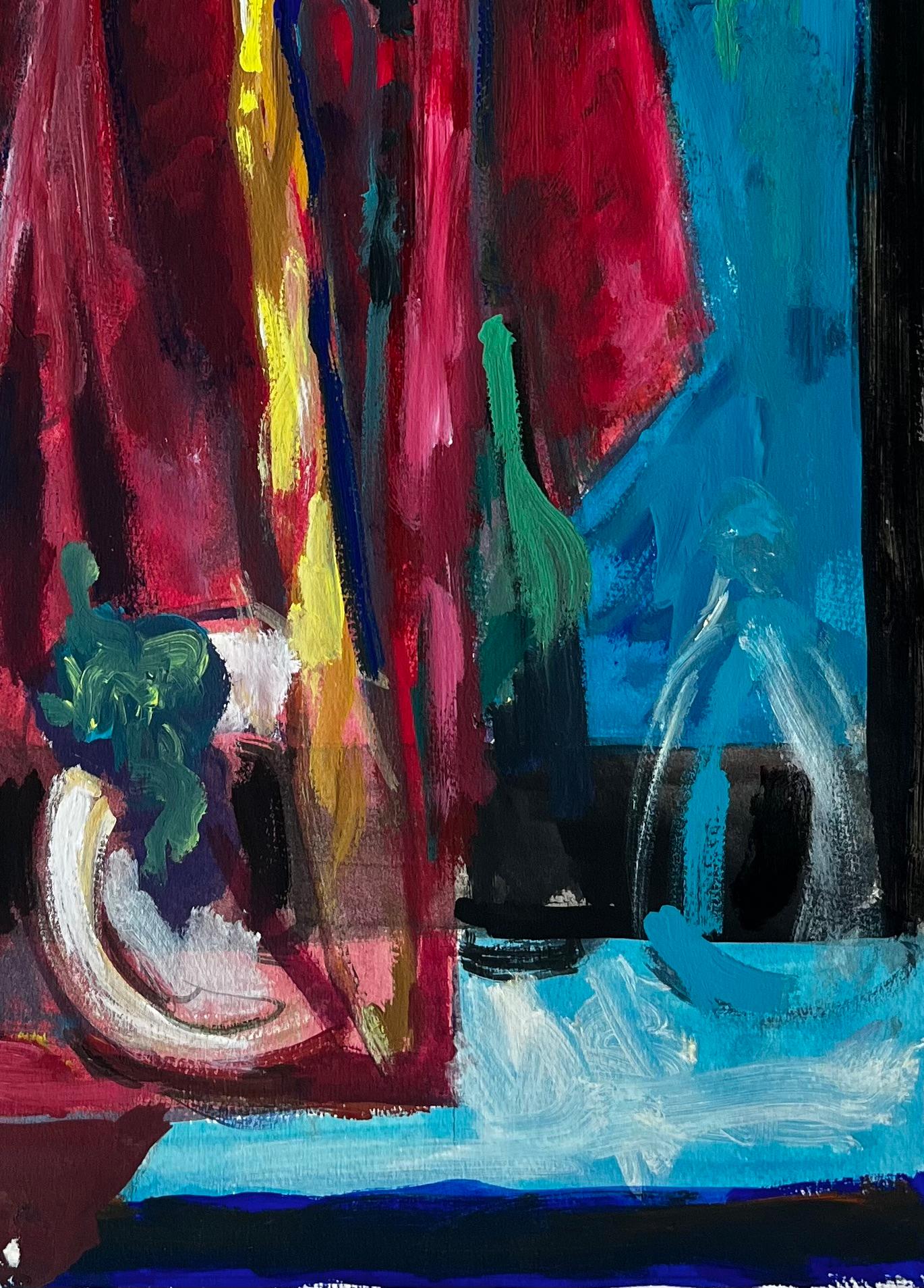 Still Life with Red Drapery Fruit and Blue Background French Modernist Gouache For Sale 2