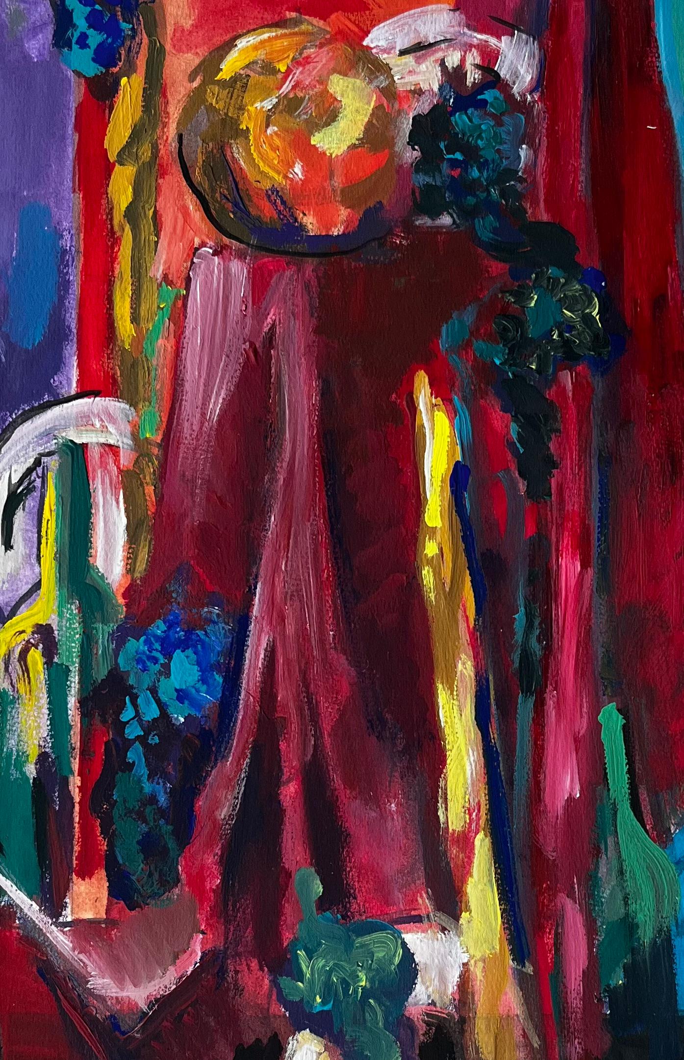 Still Life with Red Drapery Fruit and Blue Background French Modernist Gouache For Sale 3