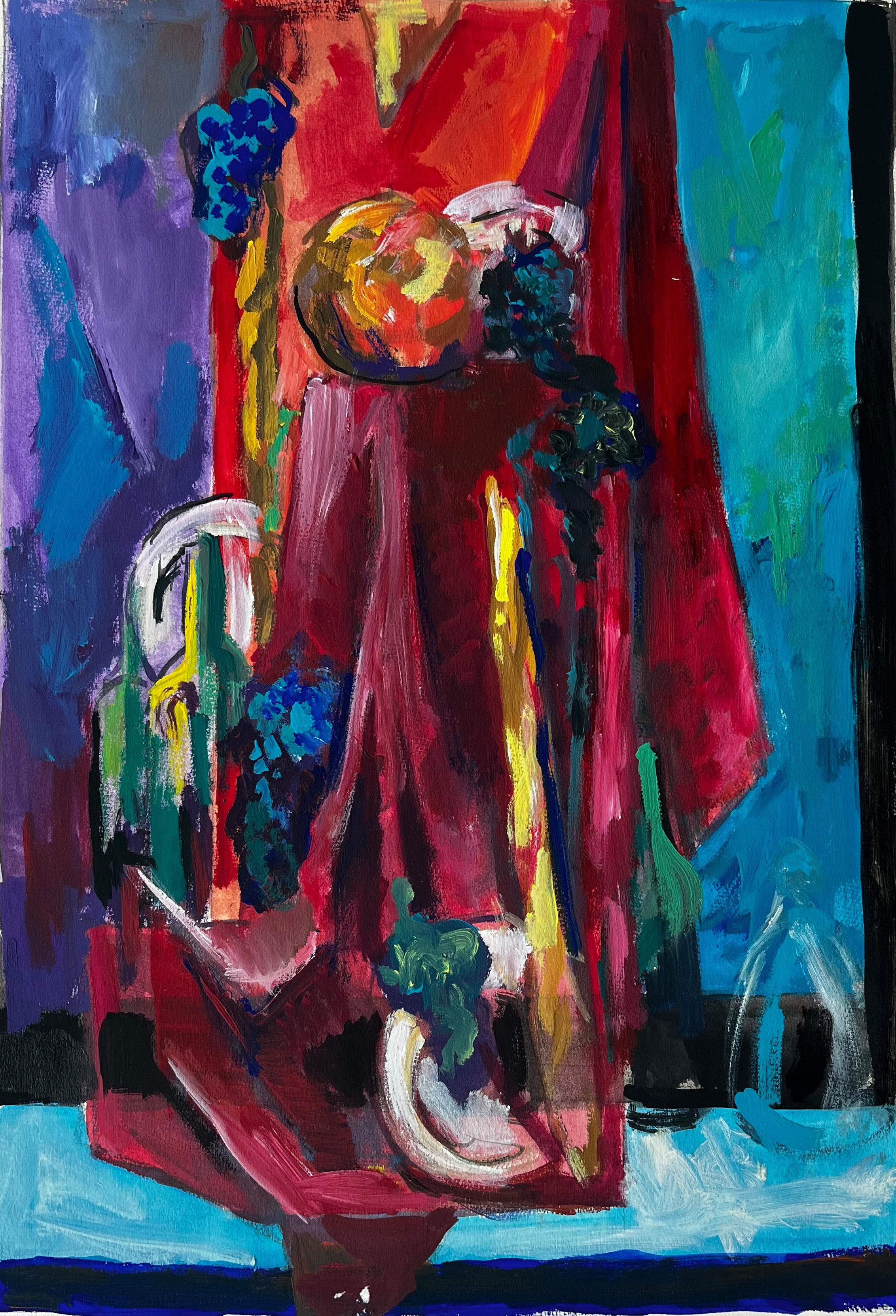 Stilleben mit roter Draperie, Früchten und blauem Hintergrund Gouache der französischen Moderne