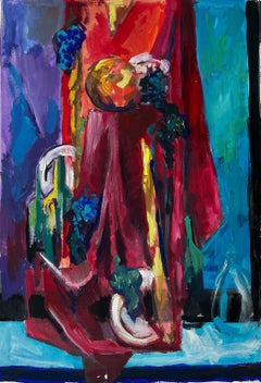 Nature morte avec fruits en draperie rouge et fond bleu Gouache moderniste française