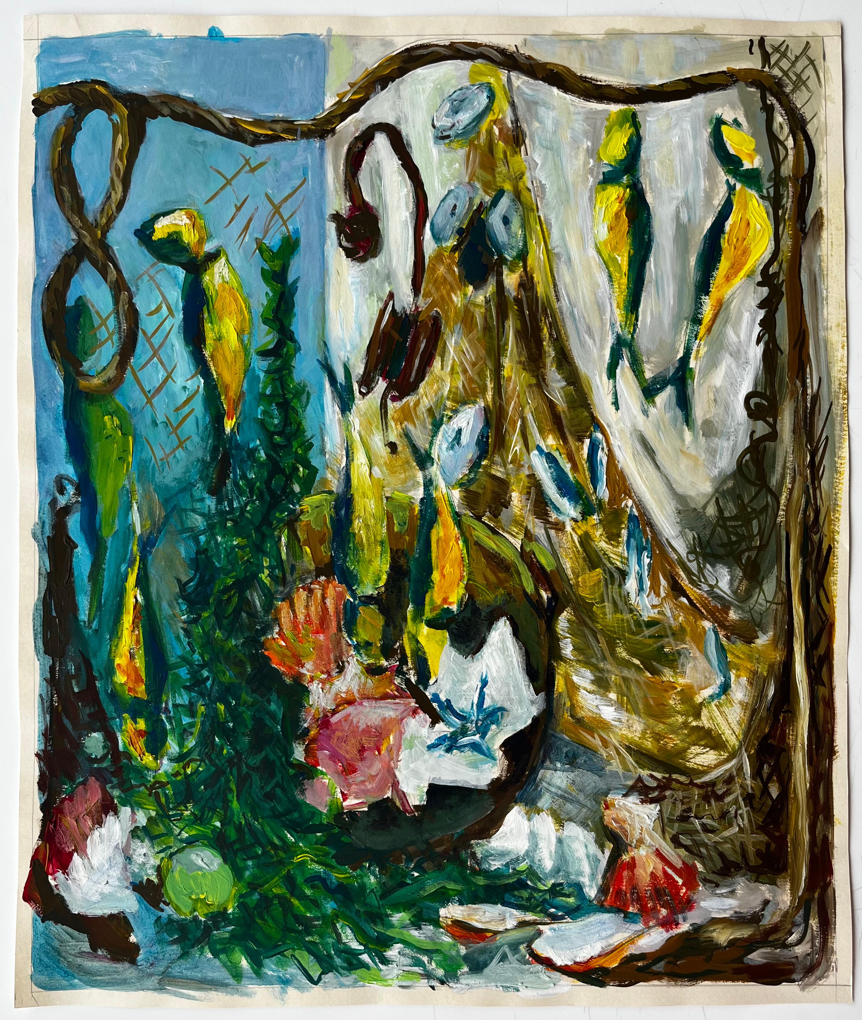 Still Life with Shells and Yellow Birds French Modernist Gouache - Painting by Guy Nicod