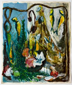 Still Life with Shells and Yellow Birds French Modernist Gouache