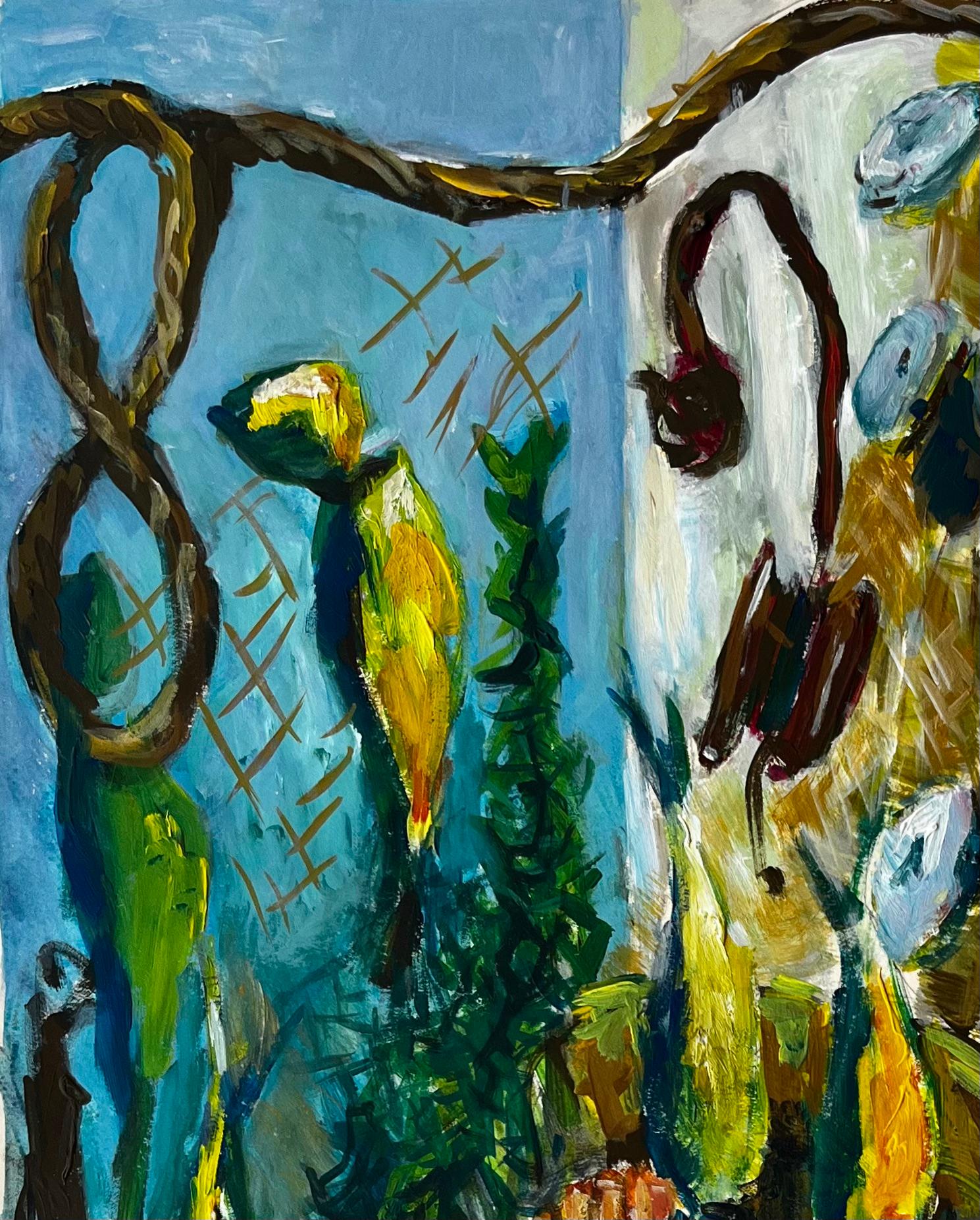 Still Life with Shells and Yellow Birds French Modernist Gouache - Black Abstract Painting by Guy Nicod