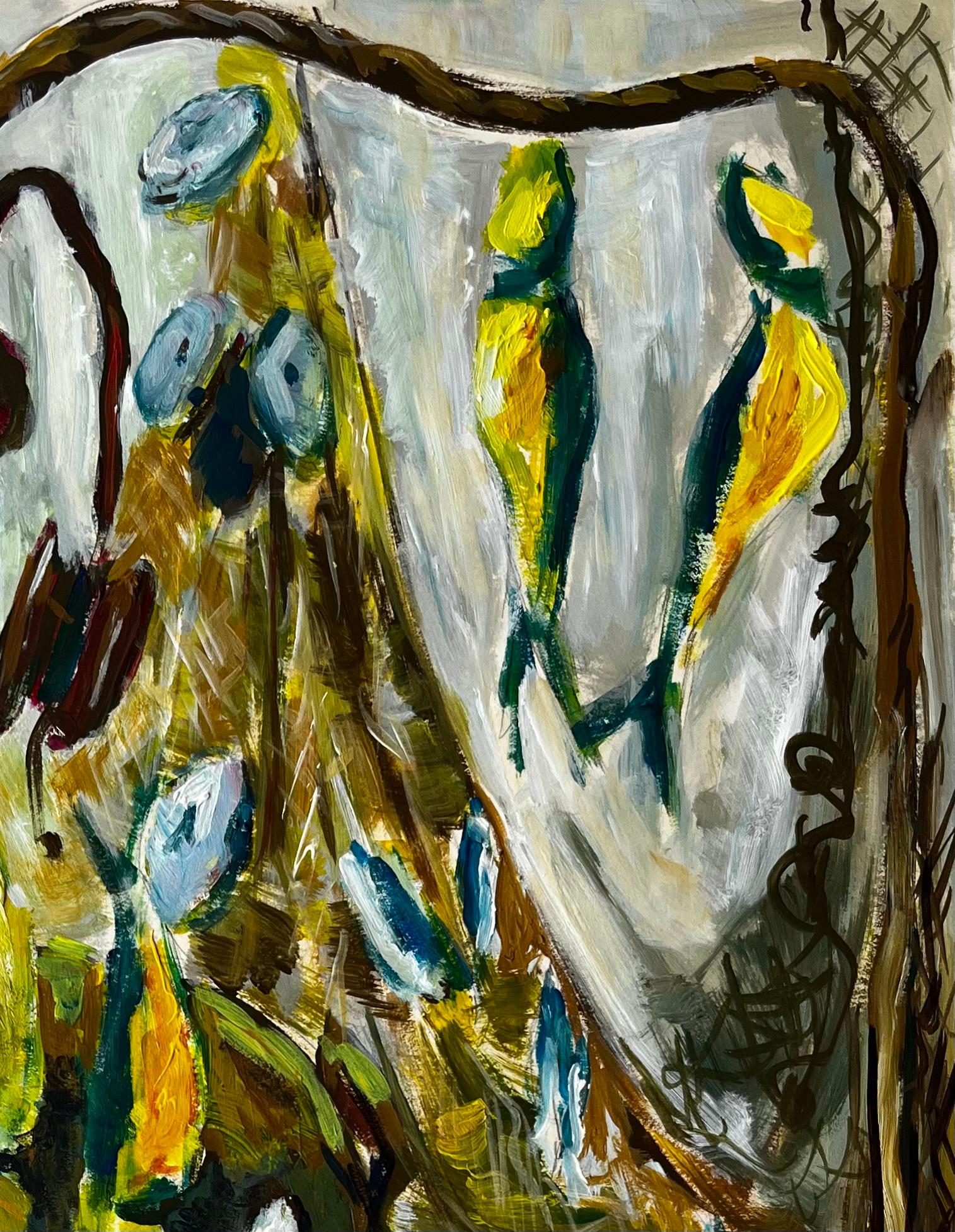 Title: Still Life with Shells and Yellow Birds French Modernist Gouache
Guy Nicod (French 1923 - 2021) 
Gouache on artist paper, unframed
Size: 22.5 x 18.75 inches (height x width)
Provenance: Artists estate, France
Condition: good overall with