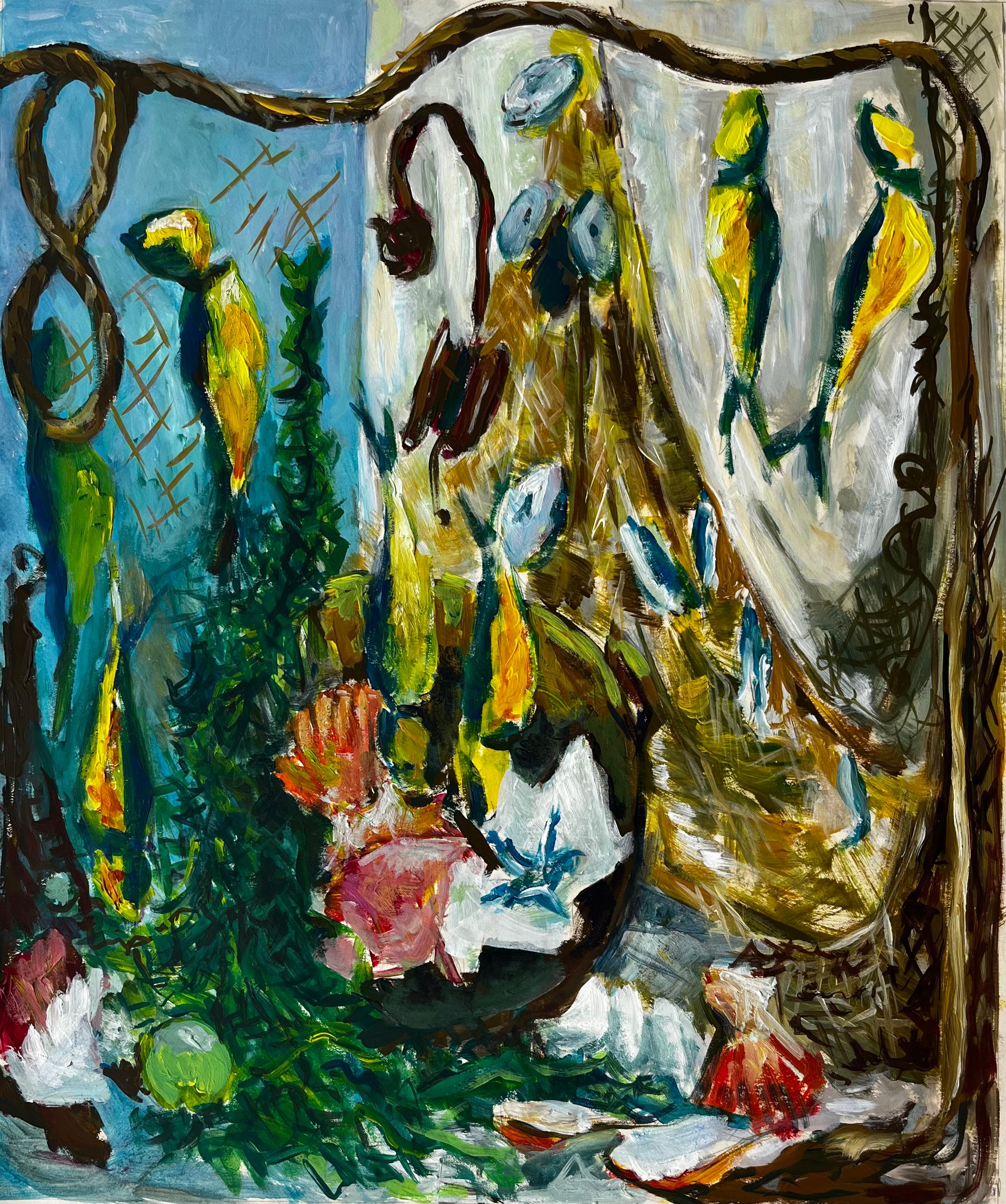 Guy Nicod Abstract Painting - Still Life with Shells and Yellow Birds French Modernist Gouache