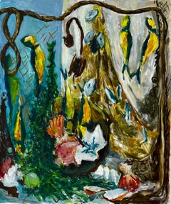 Still Life with Shells and Yellow Birds French Modernist Gouache