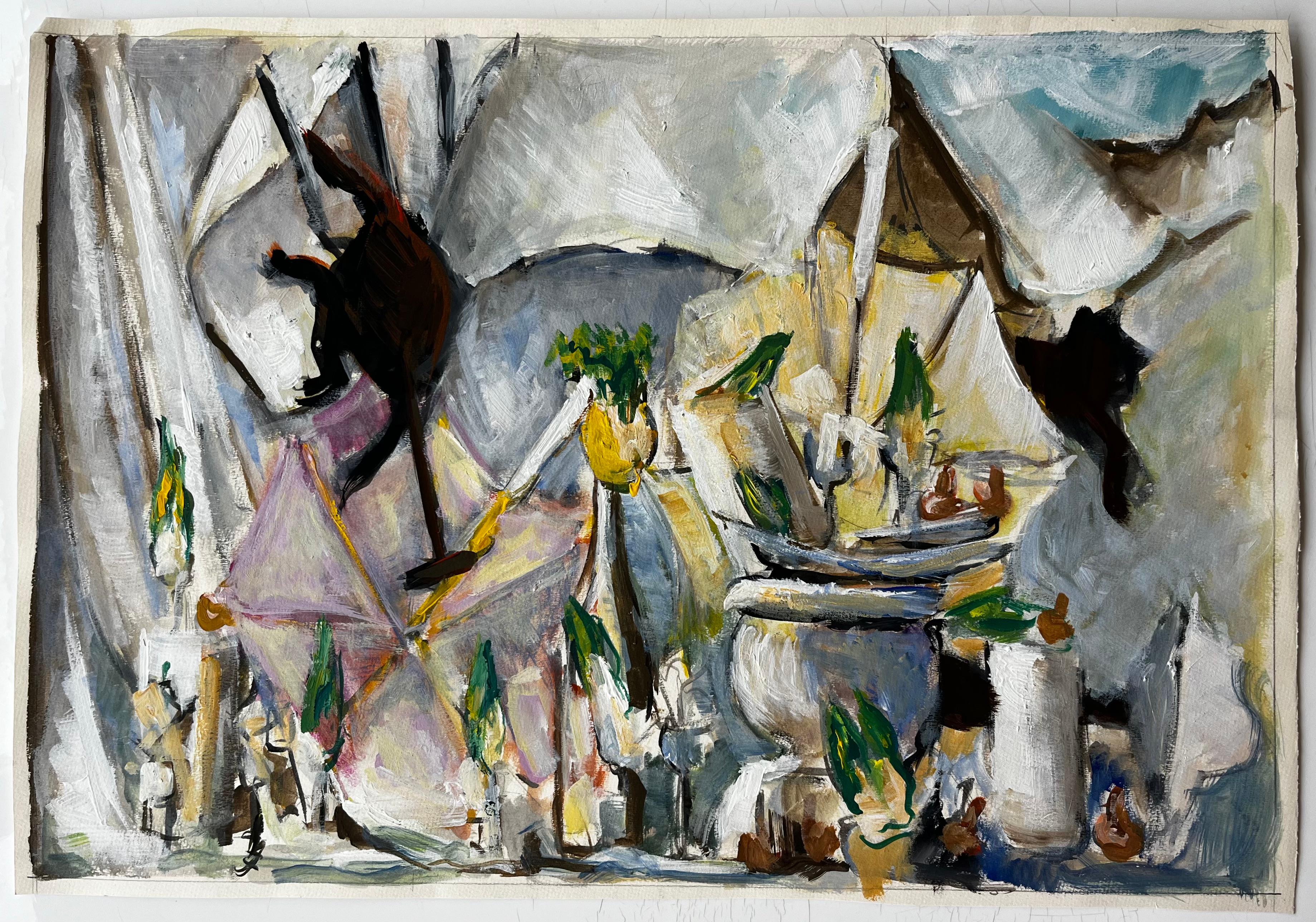 Nature morte avec cruches en drap blanc et accents verts Gouache moderniste française - Painting de Guy Nicod