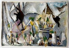 Nature morte avec cruches en drap blanc et accents verts Gouache moderniste française