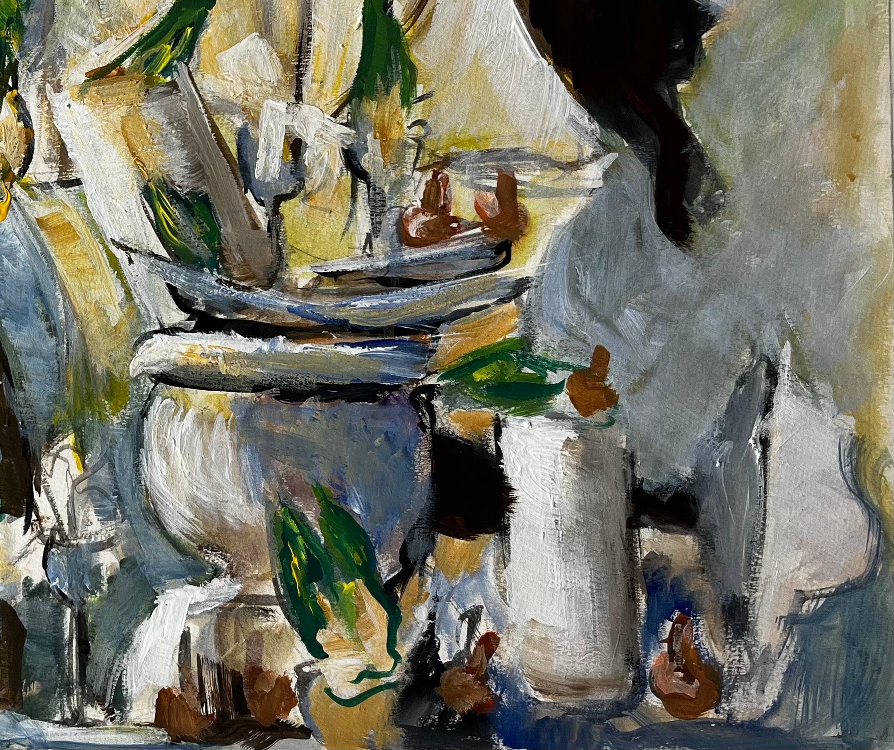 Nature morte avec cruches en drap blanc et accents verts Gouache moderniste française - Moderne Painting par Guy Nicod