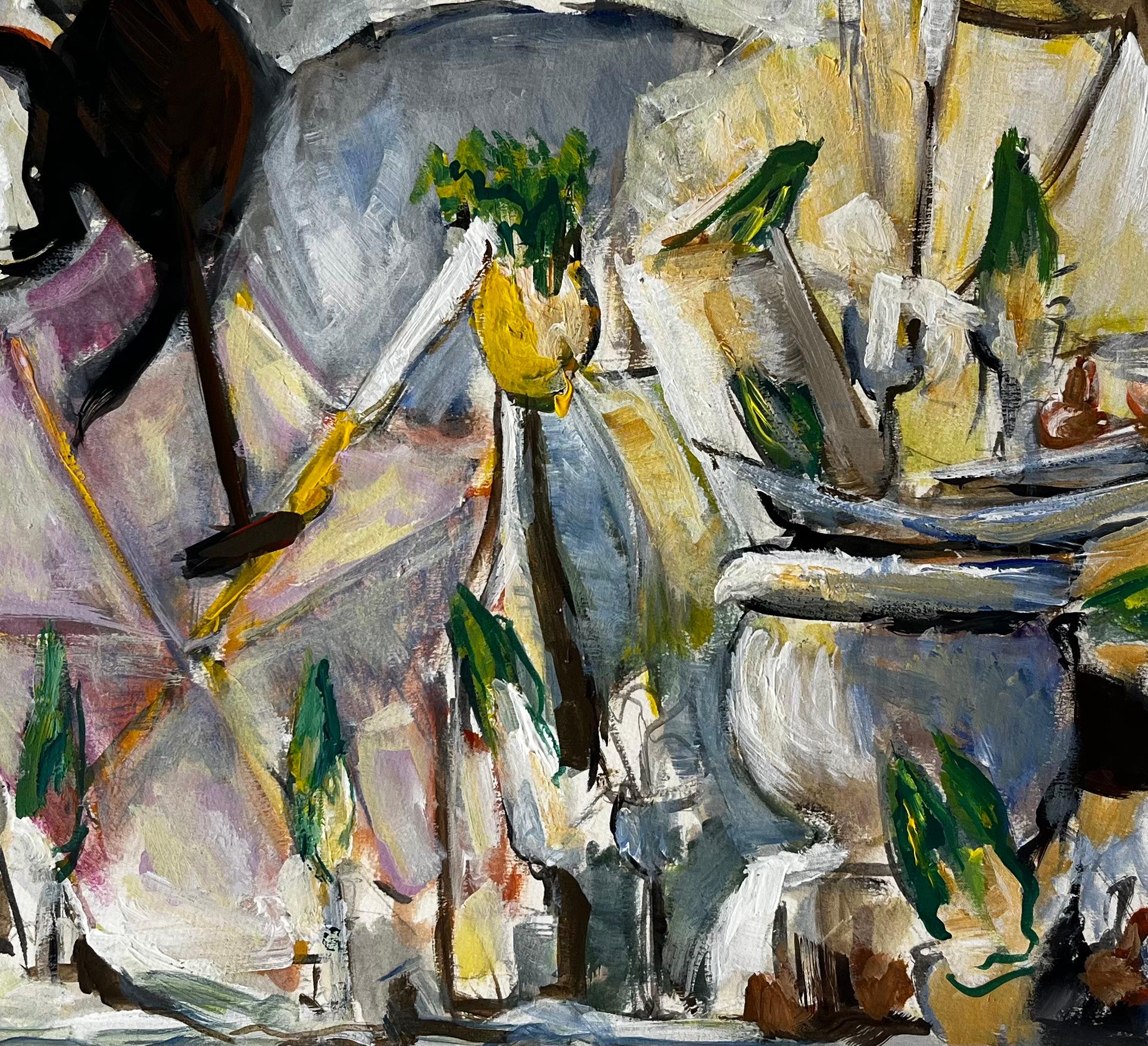 Nature morte avec cruches en drap blanc et accents verts Gouache moderniste française - Gris Abstract Painting par Guy Nicod