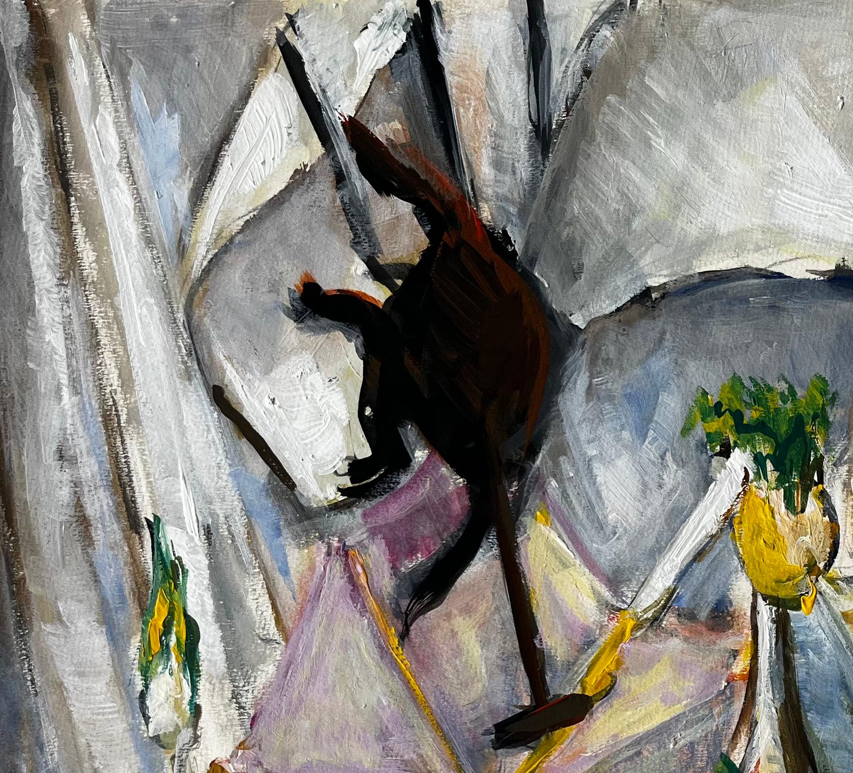 Nature morte avec cruches en drap blanc et accents verts Gouache moderniste française en vente 1