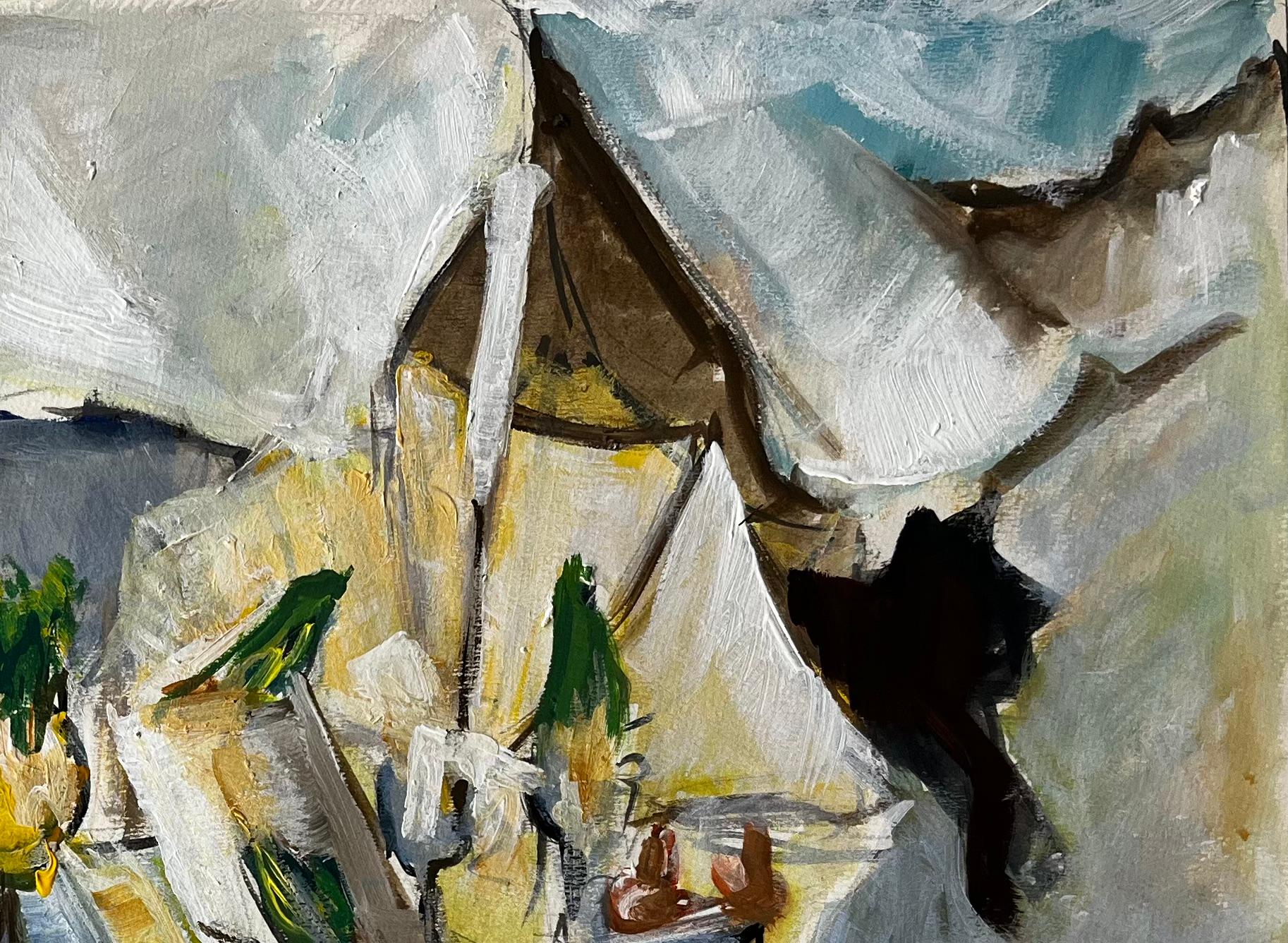 Nature morte avec cruches en drap blanc et accents verts Gouache moderniste française en vente 2