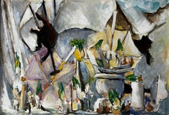 Used Still Life with White Drapery Jugs and Green Accents French Modernist Gouache