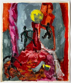 Still Life with Wooden Mannequins Red Sculpture and Yellow Sphere French Gouache