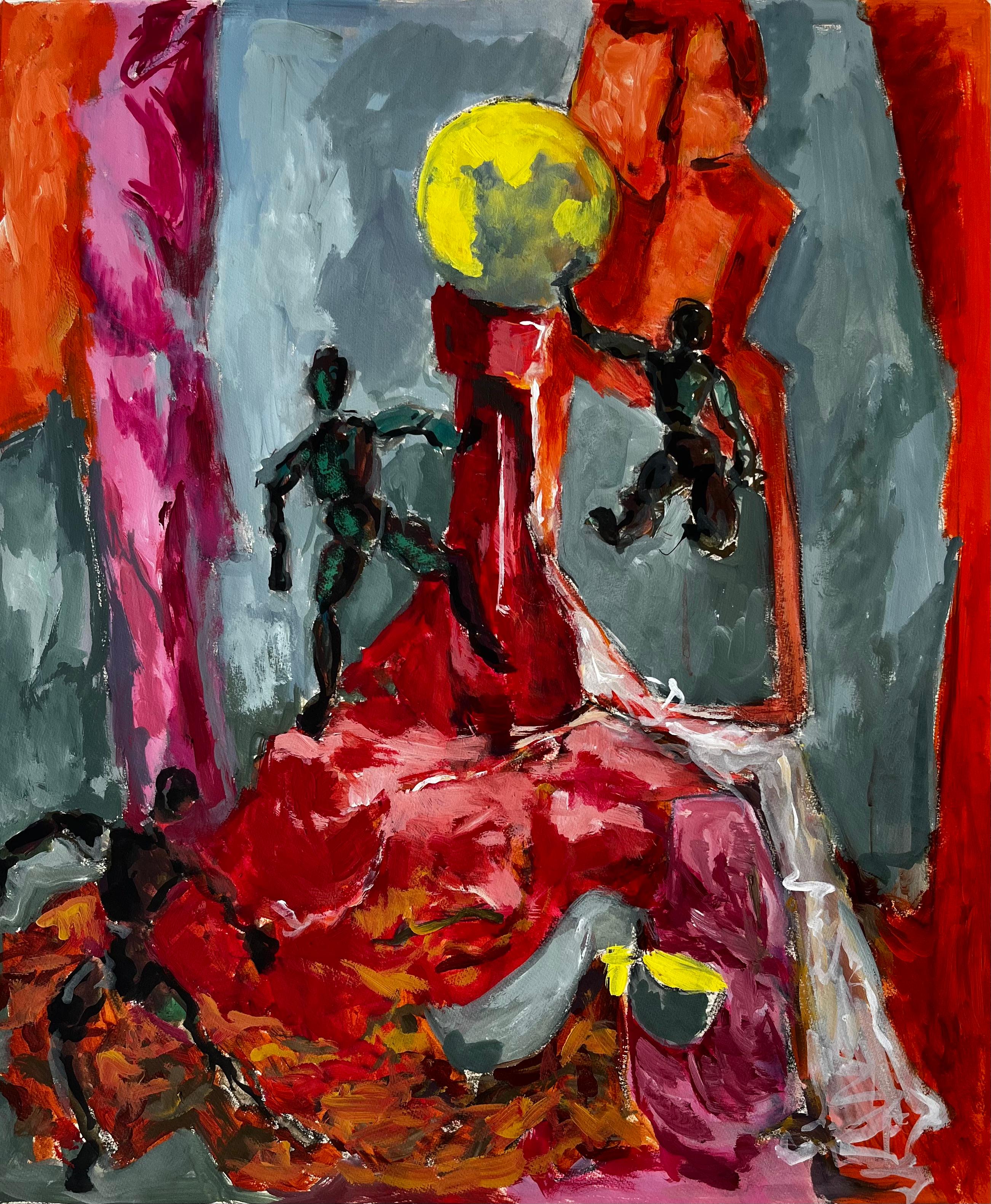 Still-Life Painting Guy Nicod - Nature morte avec mannequins en bois, sculpture rouge et sphère jaune Gouache française