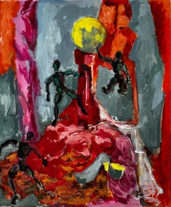 Still Life with Wooden Mannequins Red Sculpture and Yellow Sphere French Gouache