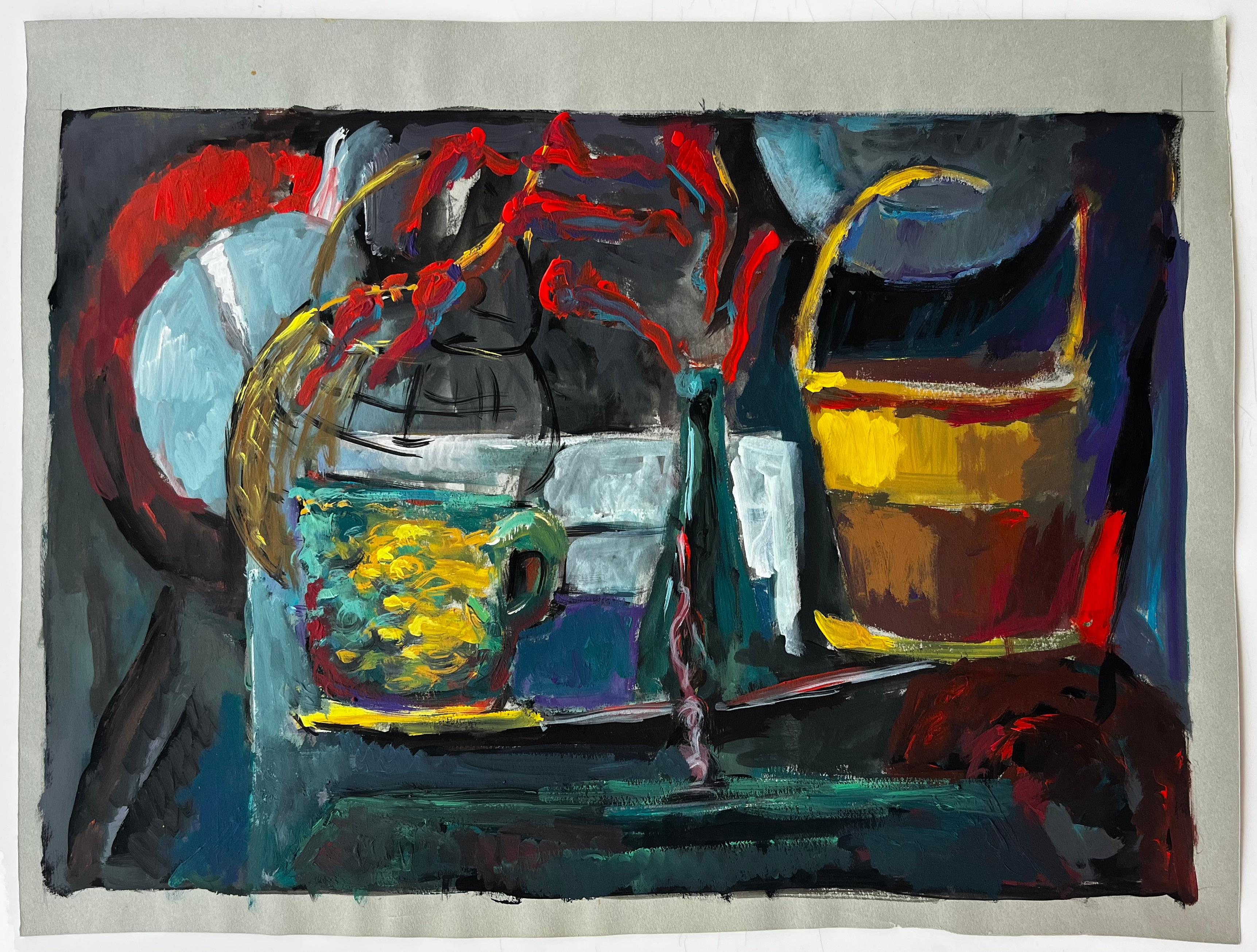 Nature morte à la corbeille jaune et aux fleurs rouges Gouache moderniste française - Painting de Guy Nicod