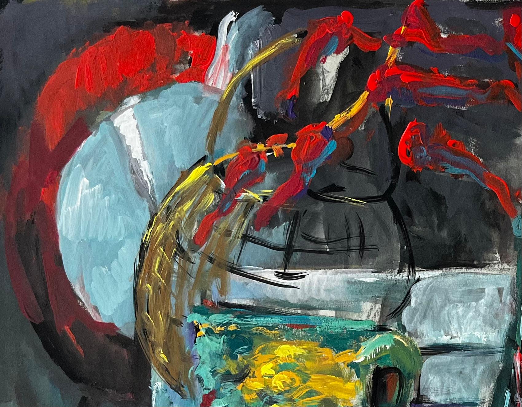 Nature morte à la corbeille jaune et aux fleurs rouges Gouache moderniste française - Moderne Painting par Guy Nicod