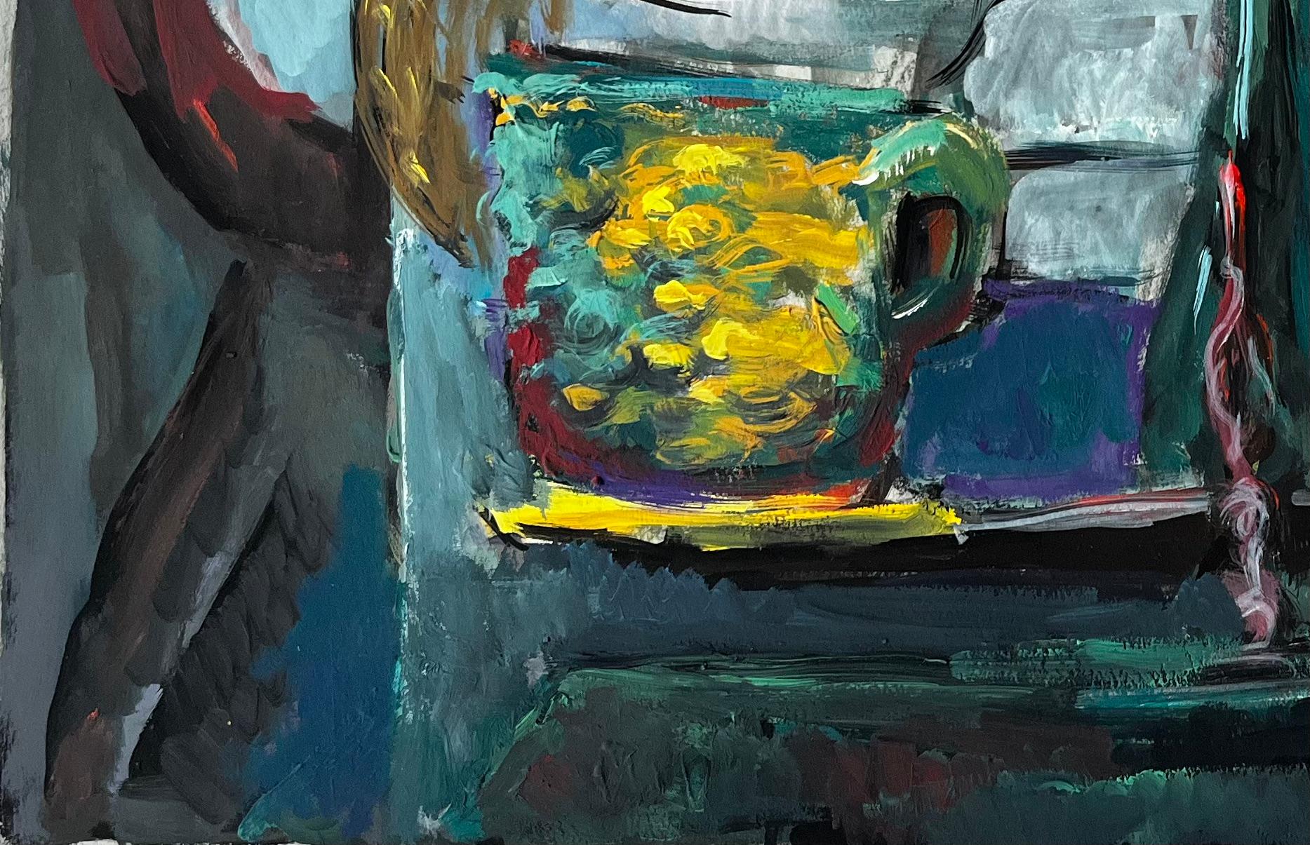 Nature morte à la corbeille jaune et aux fleurs rouges Gouache moderniste française - Noir Still-Life Painting par Guy Nicod