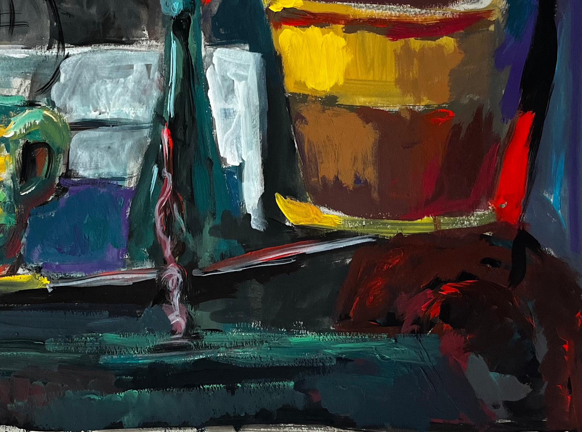 Nature morte à la corbeille jaune et aux fleurs rouges Gouache moderniste française en vente 1