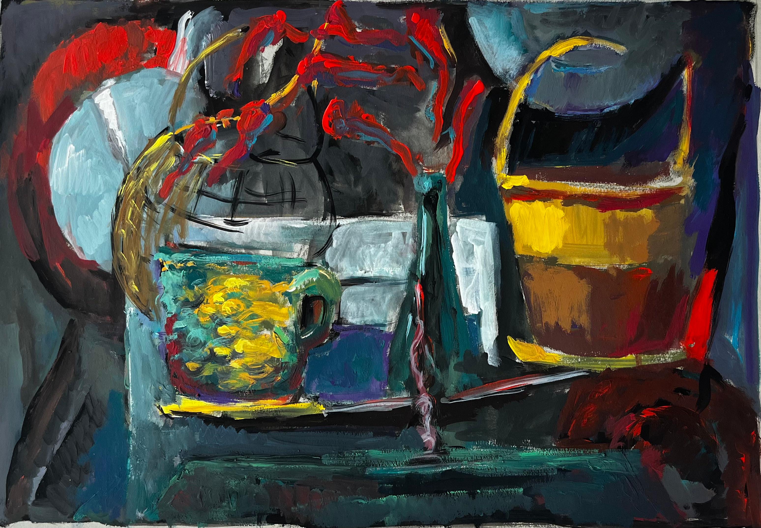 Still Life with Yellow Cup Basket and Red Flowers French Modernist Gouache