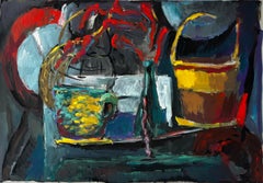 Still Life with Yellow Cup Basket and Red Flowers French Modernist Gouache