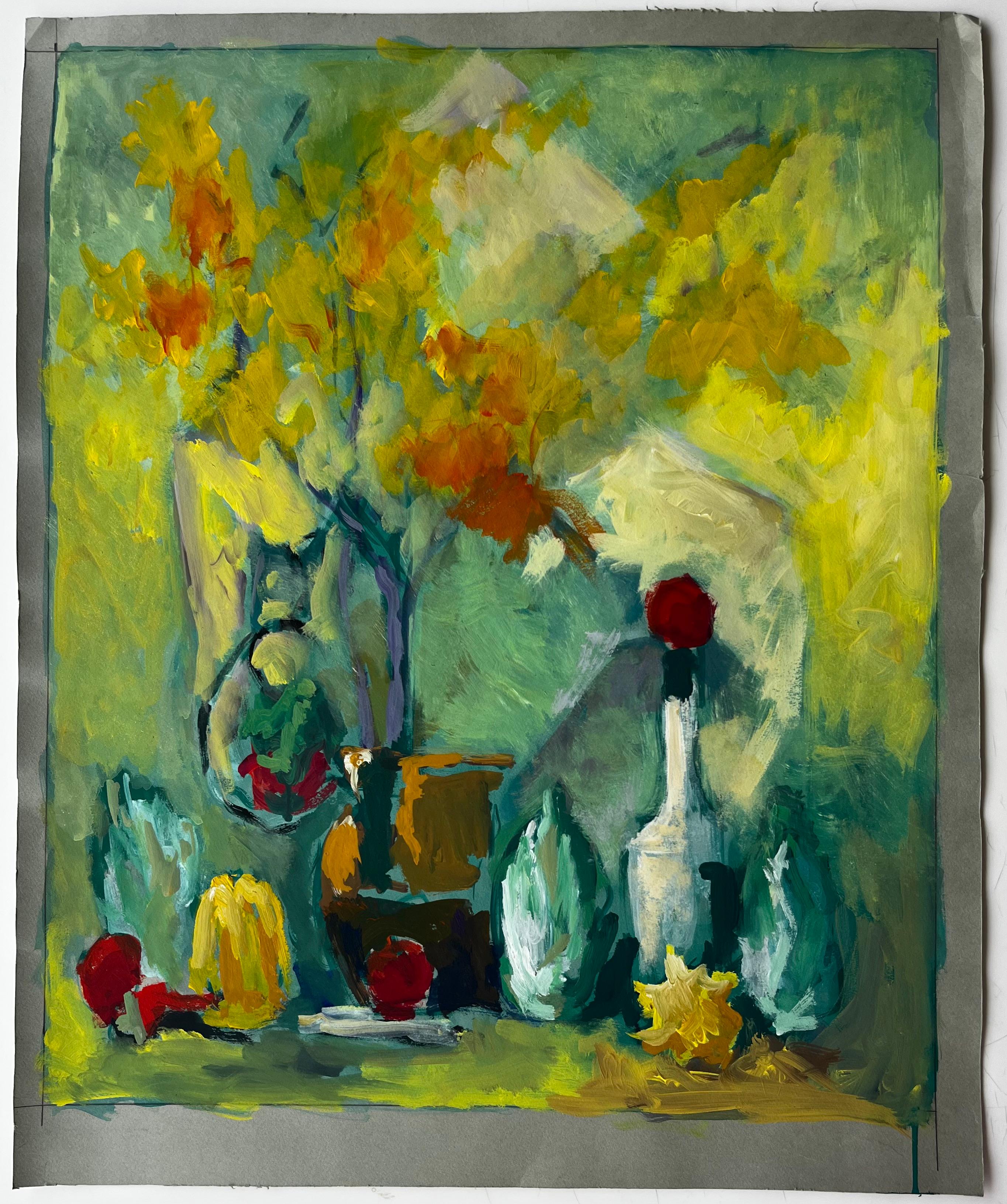 Stillleben mit gelber Blumenflasche und Herbstblättern Französische Gouache der Moderne – Painting von Guy Nicod