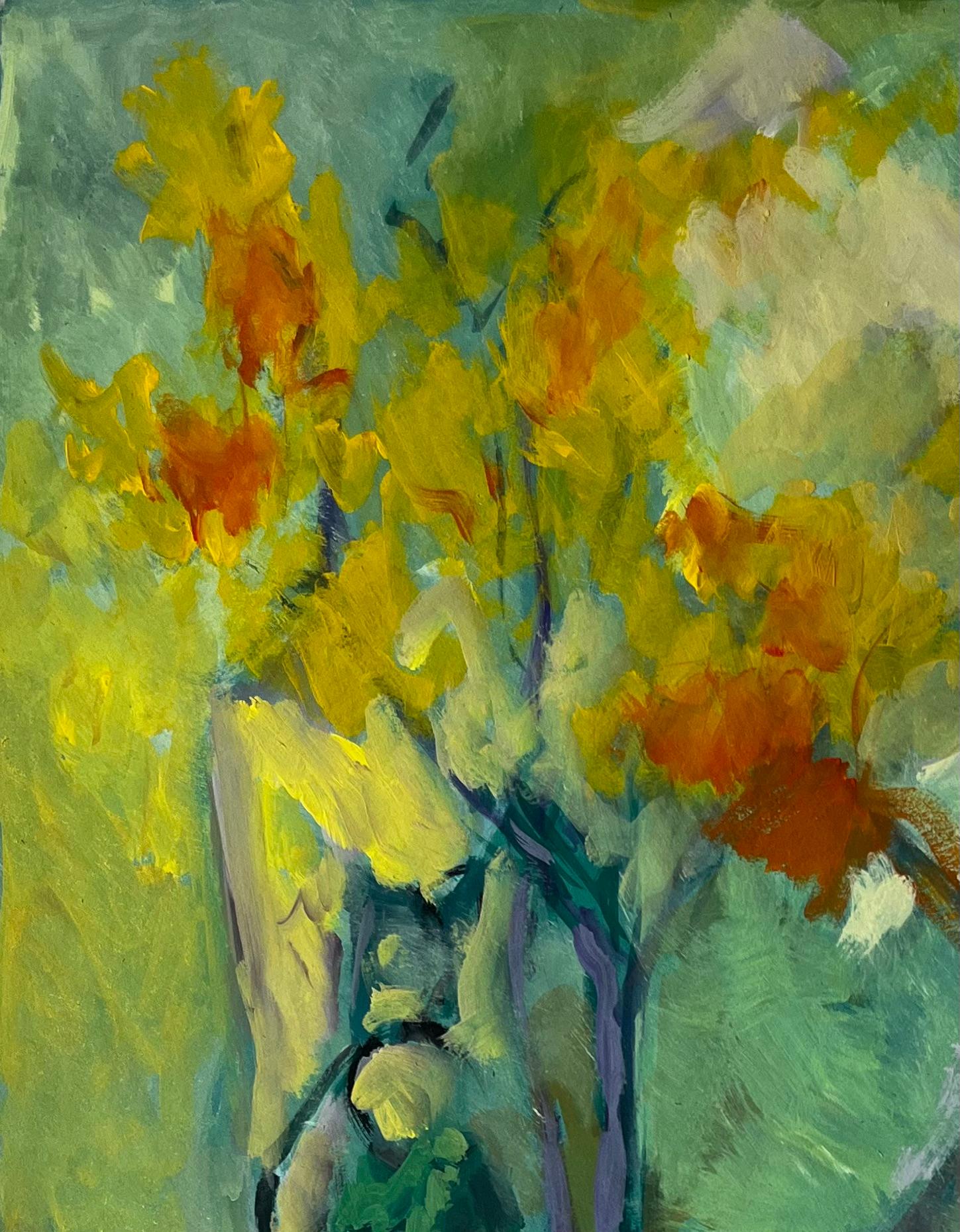 Stillleben mit gelber Blumenflasche und Herbstblättern Französische Gouache der Moderne (Gelb), Still-Life Painting, von Guy Nicod