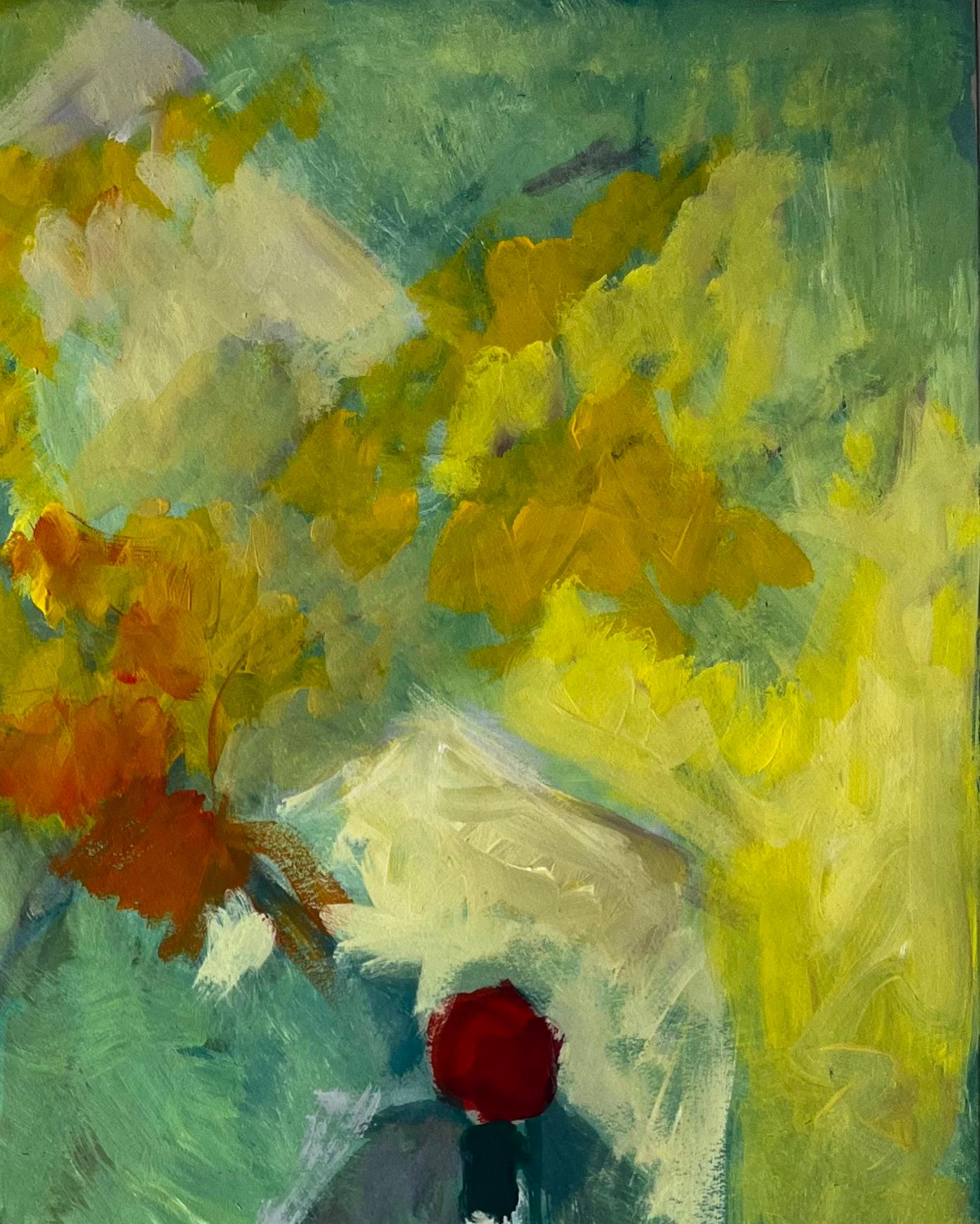 Stillleben mit gelber Blumenflasche und Herbstblättern Französische Gouache der Moderne im Angebot 1
